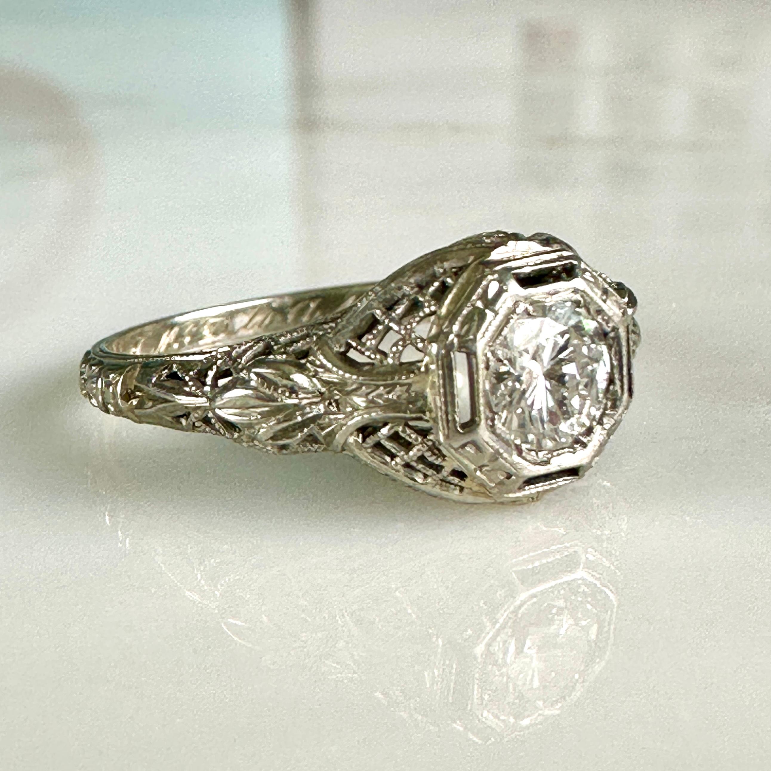 Edwardian .50 Carat Diamond & 18k White Gold Filigree Engagement Ring For Sale 6