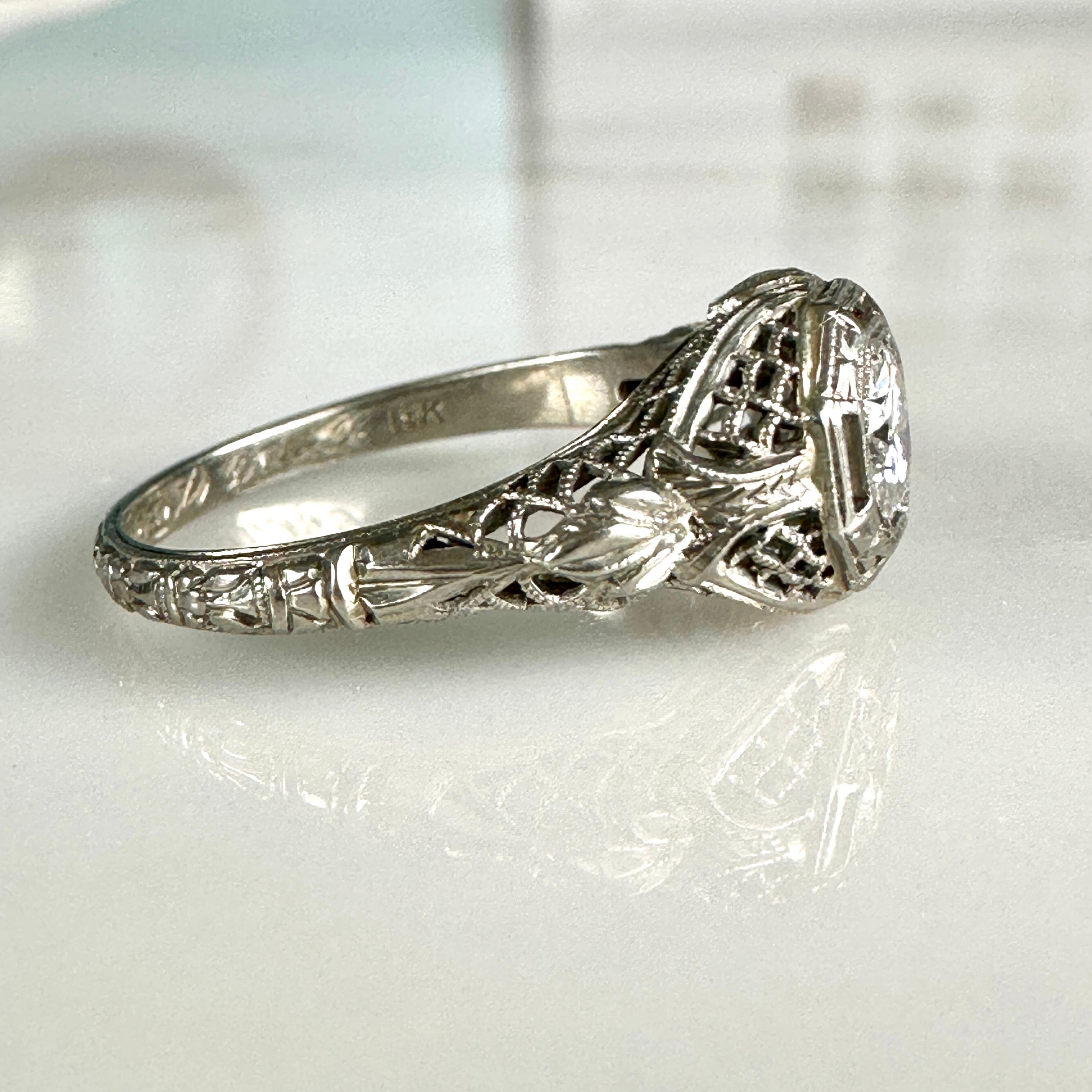 Edwardian .50 Carat Diamond & 18k White Gold Filigree Engagement Ring For Sale 7