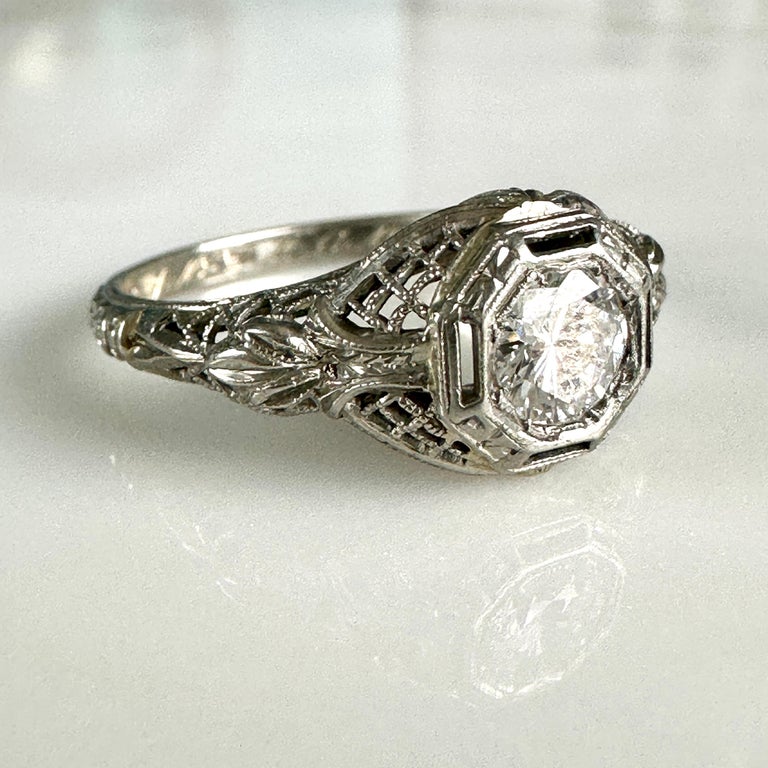Edwardian .50 Carat Diamond and 18k White Gold Filigree Engagement Ring ...