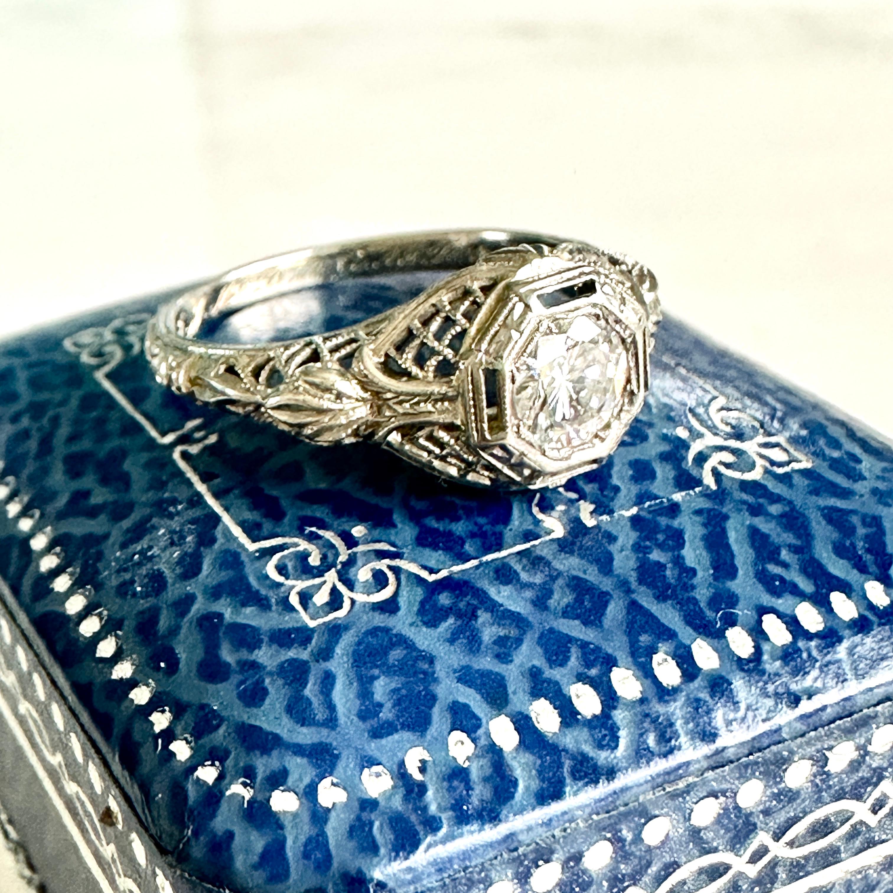 Round Cut Edwardian .50 Carat Diamond & 18k White Gold Filigree Engagement Ring For Sale