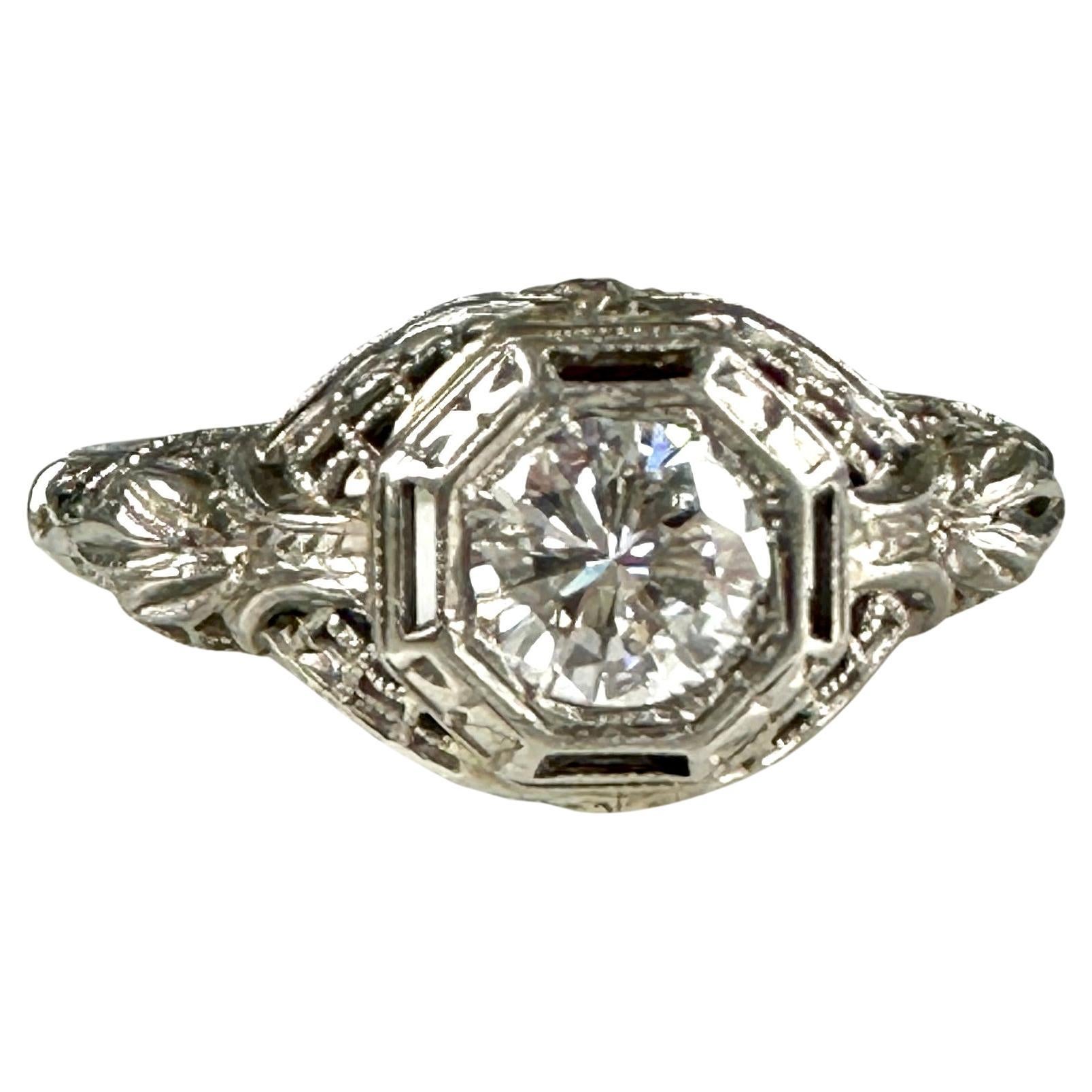 Edwardian .50 Carat Diamond & 18k White Gold Filigree Engagement Ring For Sale