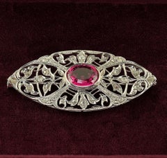 Edwardian 5.10 Ct Natural Rubellite Tourmaline Diamond Wide 18 KT Brooch