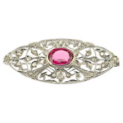 Breite edwardianische 18 KT Brosche, 5,10 Karat natürlicher Rubellit Turmalin Diamant