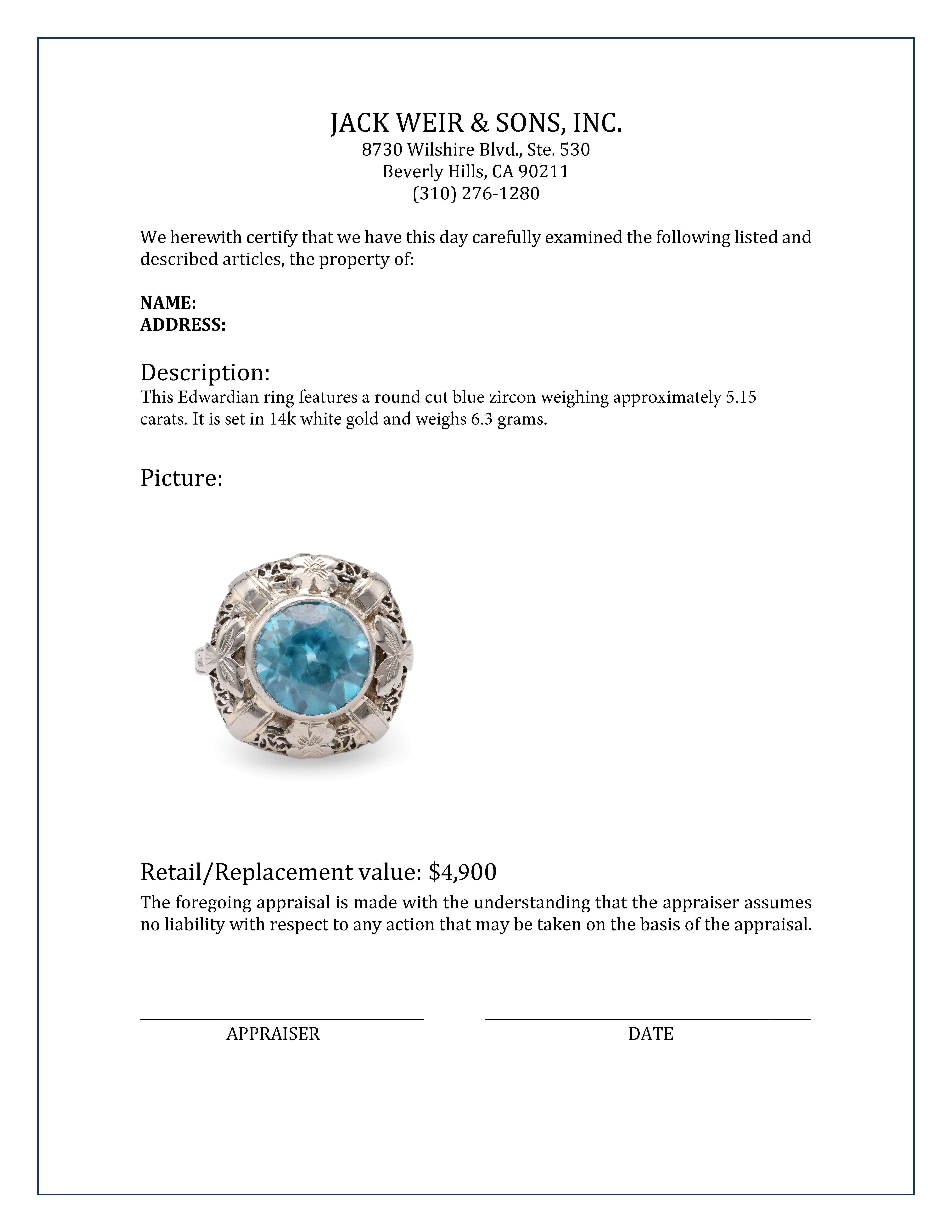 Women's or Men's Edwardian 5.15 Carat Blue Zircon White Gold Ring