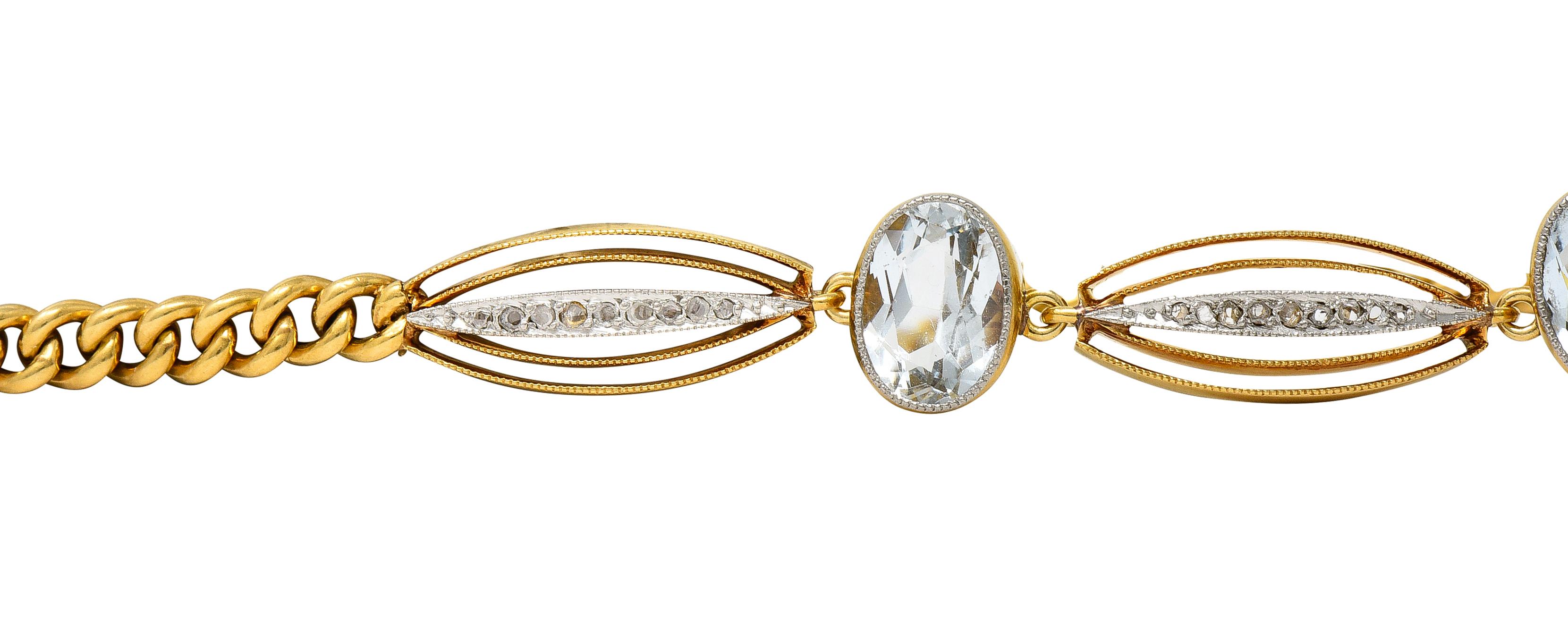 Oval Cut Edwardian 5.37 Carats Aquamarine Diamond Platinum-Topped 18 Karat Gold Bracelet