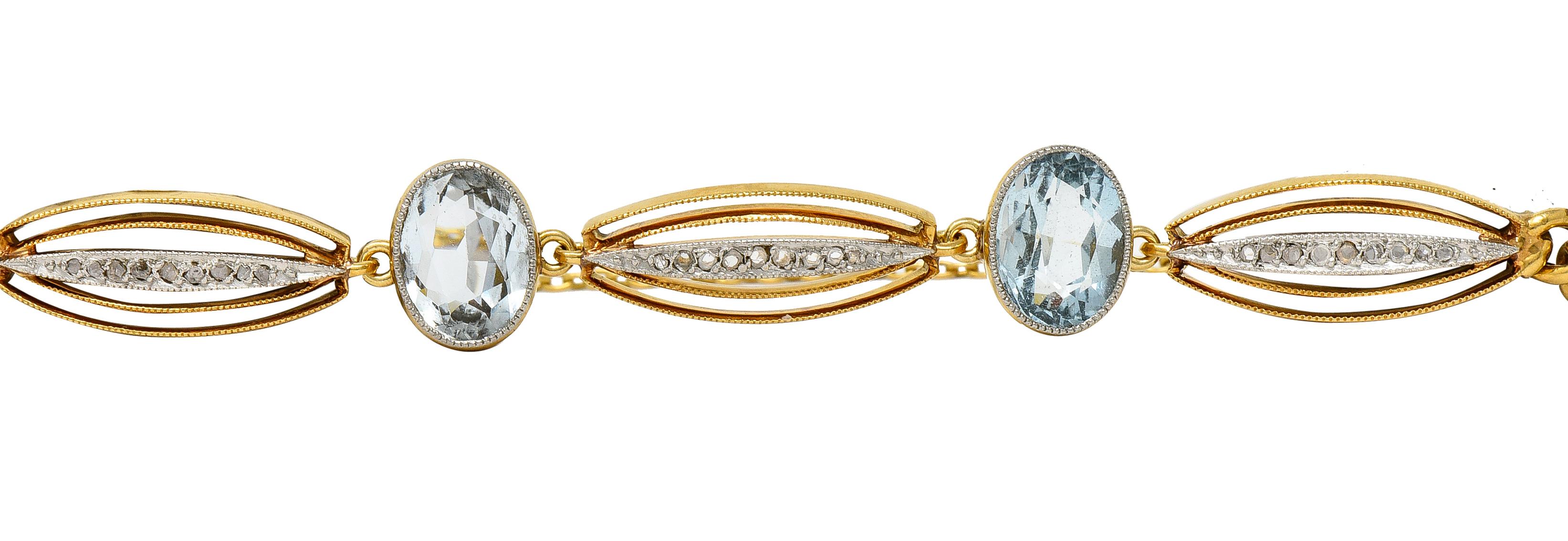 Edwardian 5.37 Carats Aquamarine Diamond Platinum-Topped 18 Karat Gold Bracelet In Excellent Condition In Philadelphia, PA