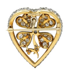 Edwardian 5.45 CTW Diamond Platinum 18K Gold Antique Clover Heart Pendant Brooch