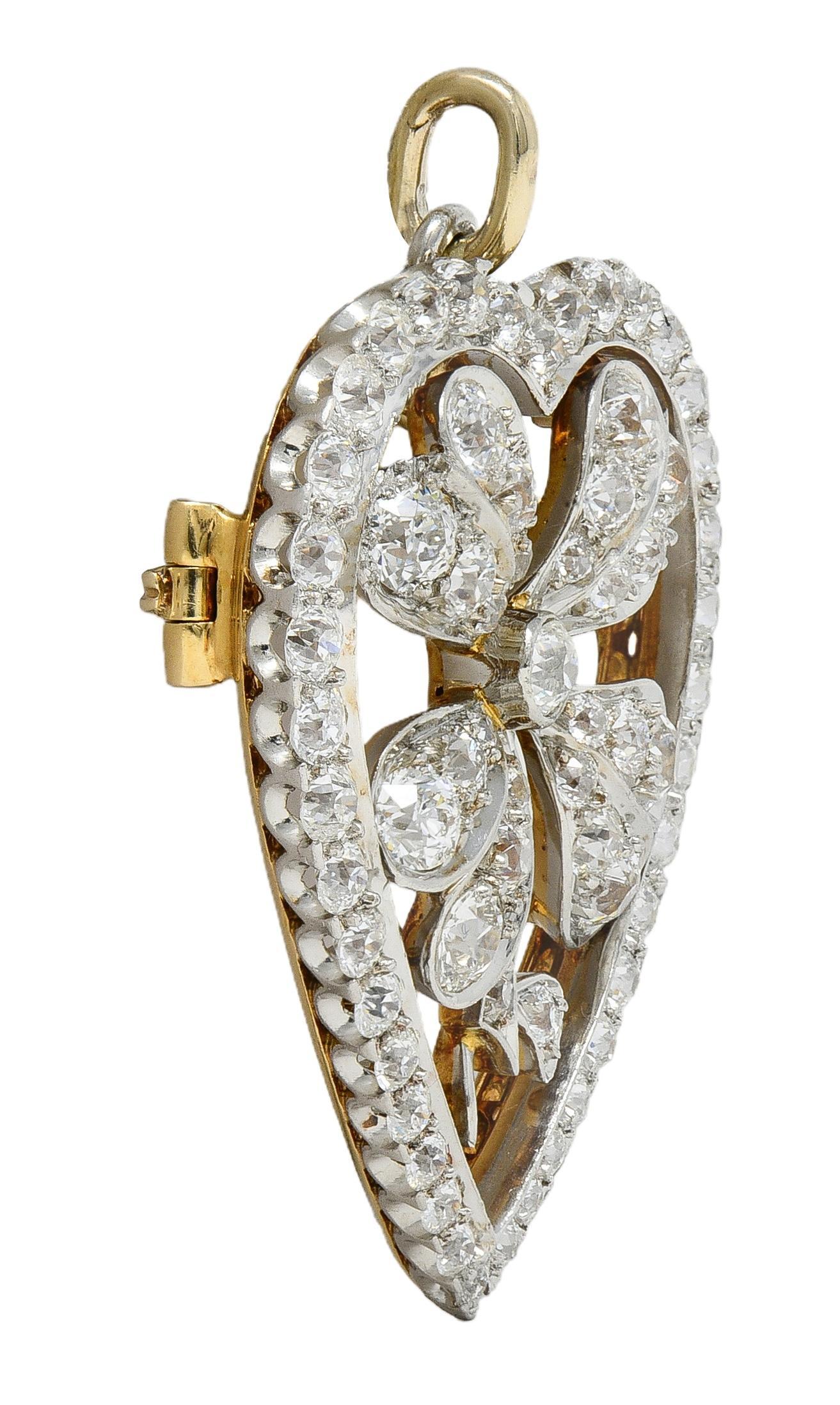 Edwardian 5,45 CTW Diamant Platin 18K Gold antike Klee Herz Anhänger Brosche (Alteuropäischer Schliff) im Angebot