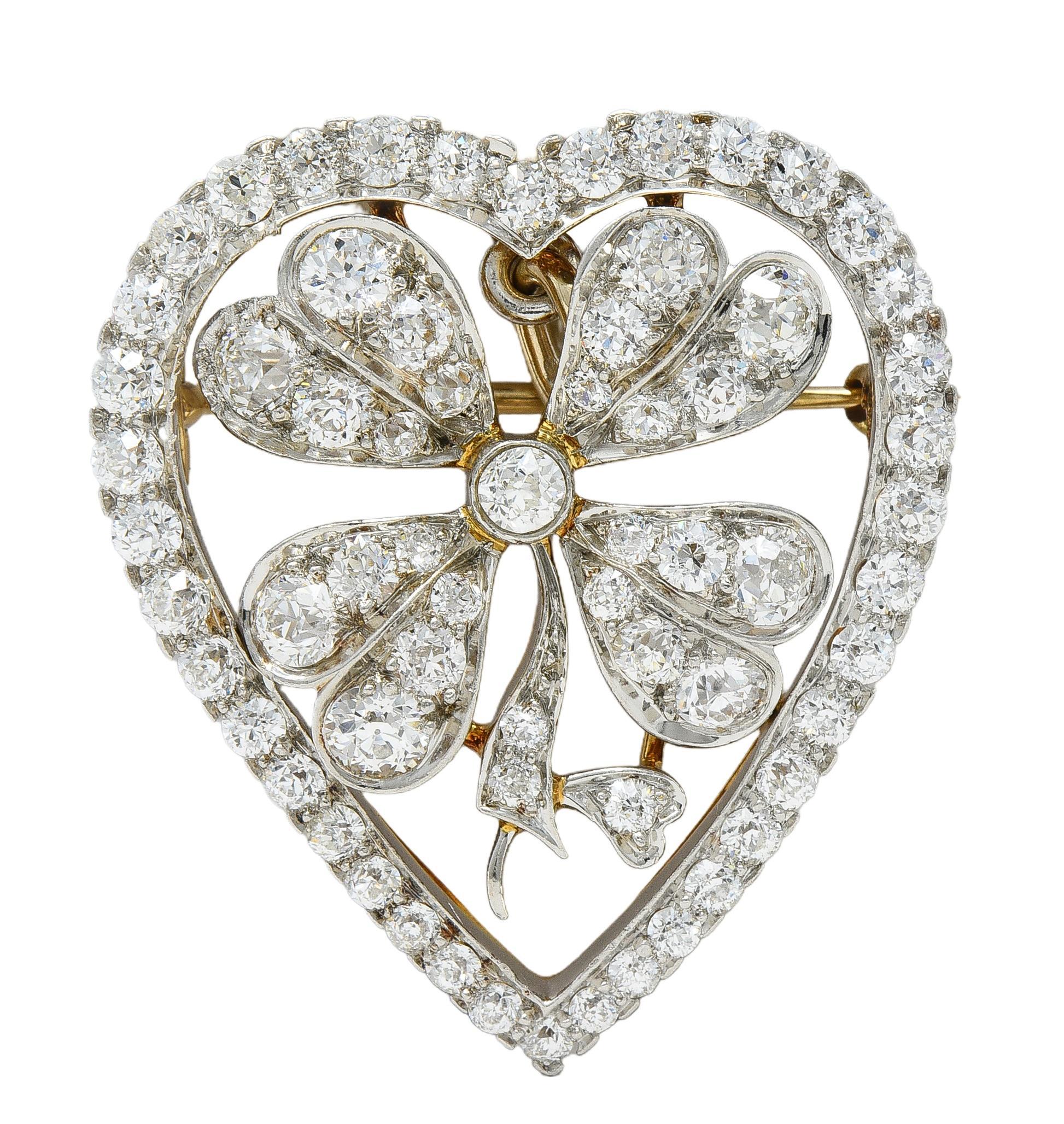 Edwardian 5,45 CTW Diamant Platin 18K Gold antike Klee Herz Anhänger Brosche im Zustand „Hervorragend“ im Angebot in Philadelphia, PA