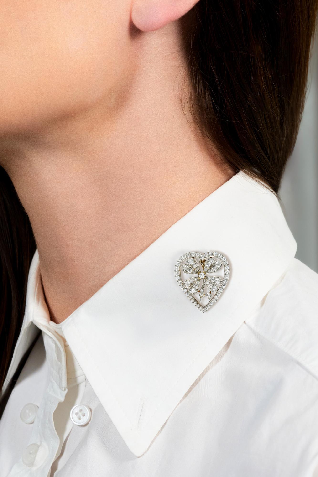 Edwardian 5,45 CTW Diamant Platin 18K Gold antike Klee Herz Anhänger Brosche Damen im Angebot