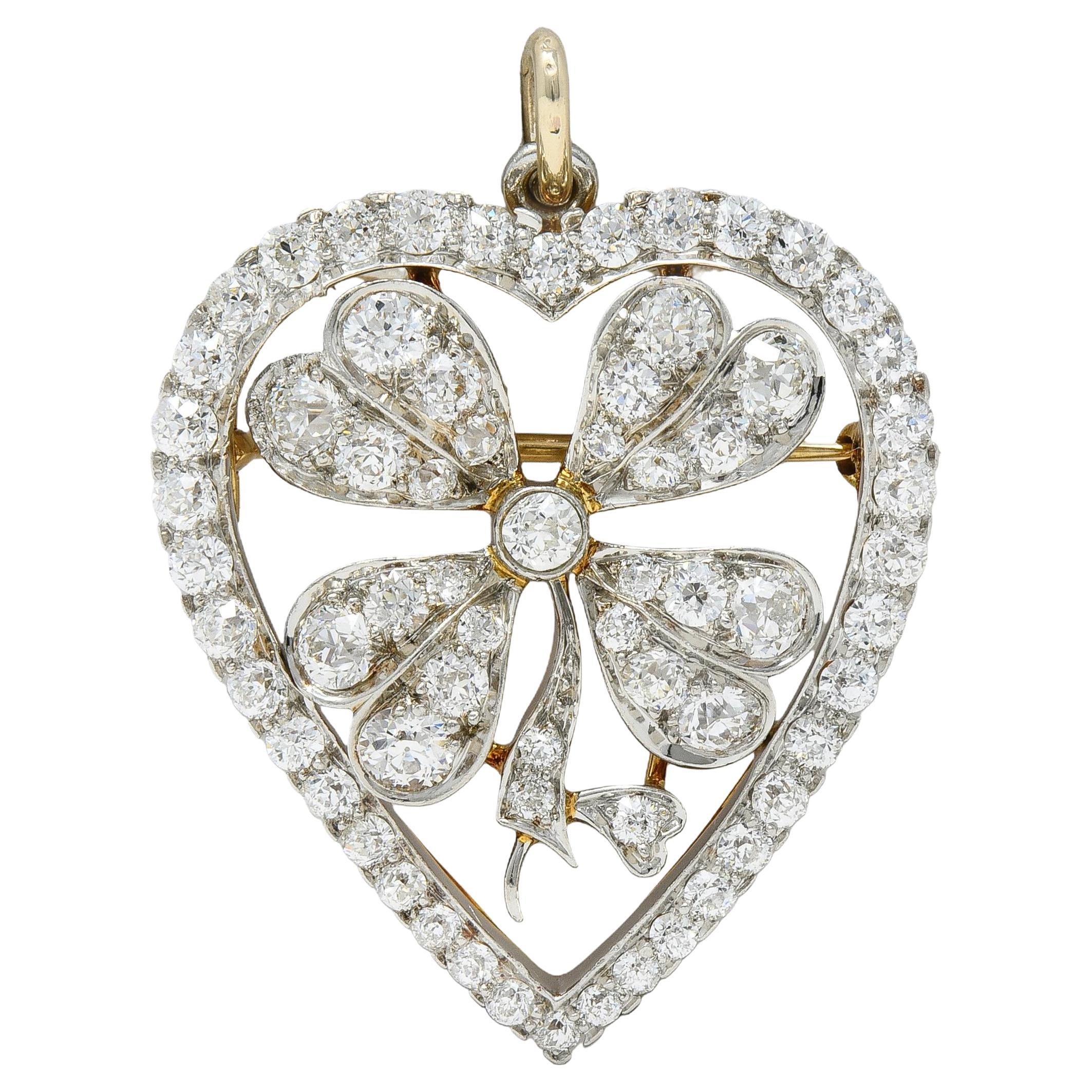Edwardian 5,45 CTW Diamant Platin 18K Gold antike Klee Herz Anhänger Brosche im Angebot