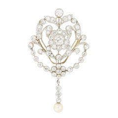 Edwardian 5.50ct Diamond and Pearl Necklace and Brooch, c.1910s