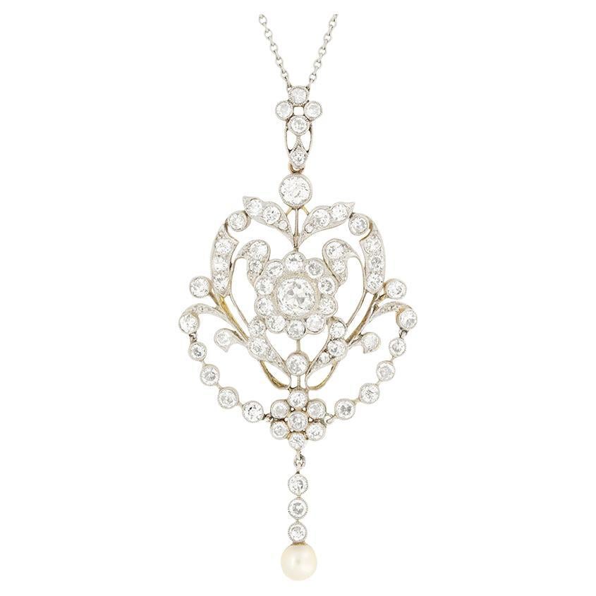 Edwardian 5.50ct Diamond and Pearl Necklace and Brooch, c.1910s