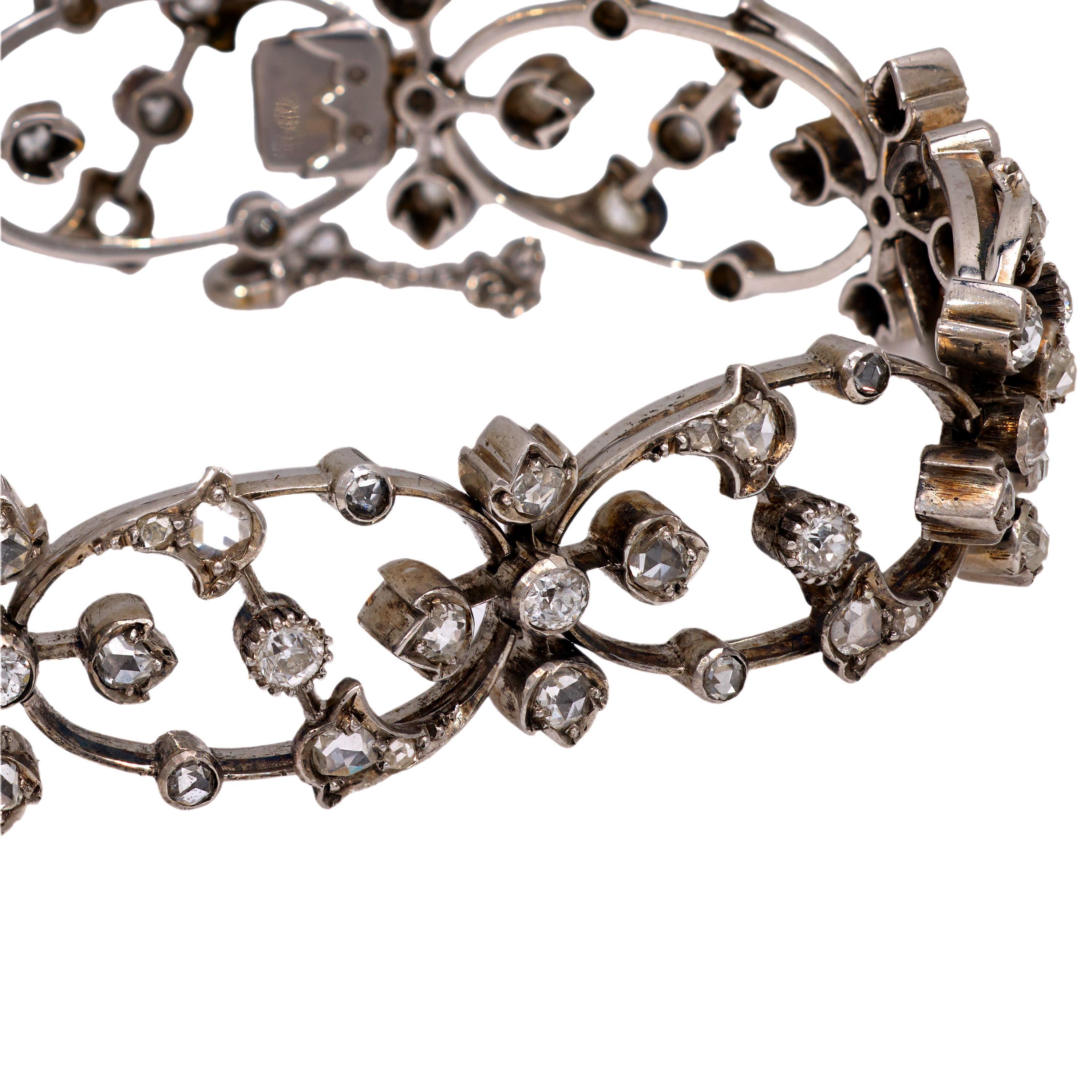 Old European Cut Edwardian 5.60 carat diamond 18k white gold and platinum bracelet For Sale