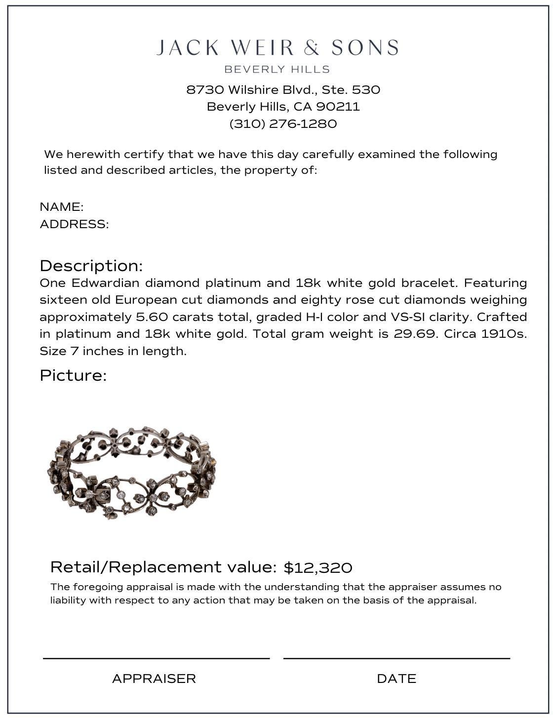 Women's Edwardian 5.60 carat diamond 18k white gold and platinum bracelet For Sale