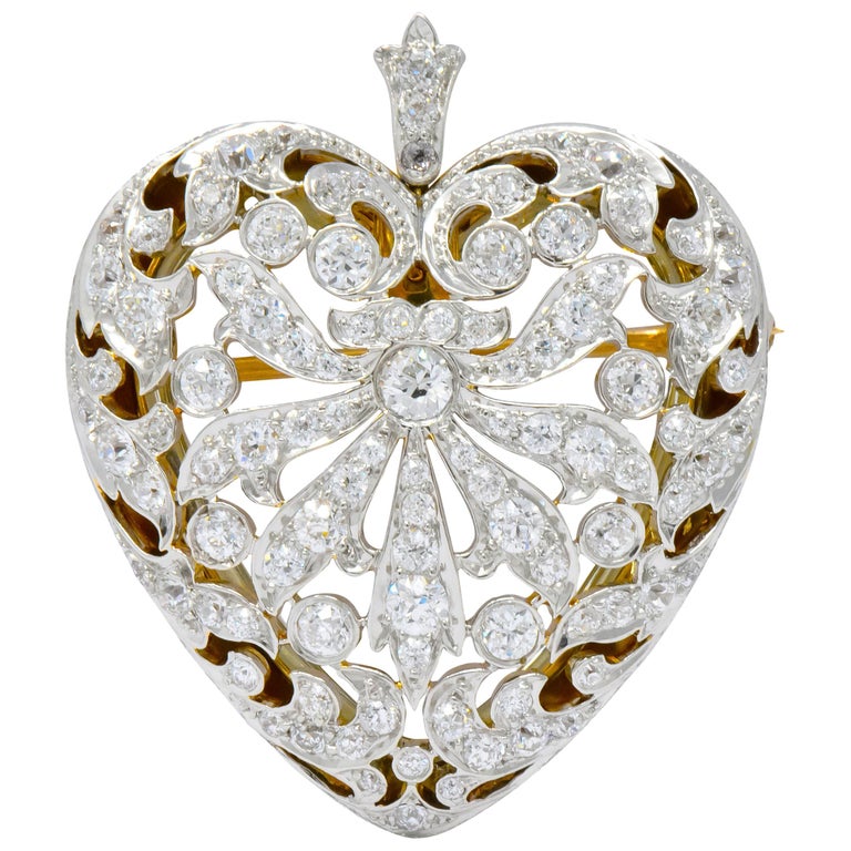 Edwardian 5.75 Carat Diamond Crystal Platinum-Topped Gold Heart Pendant ...