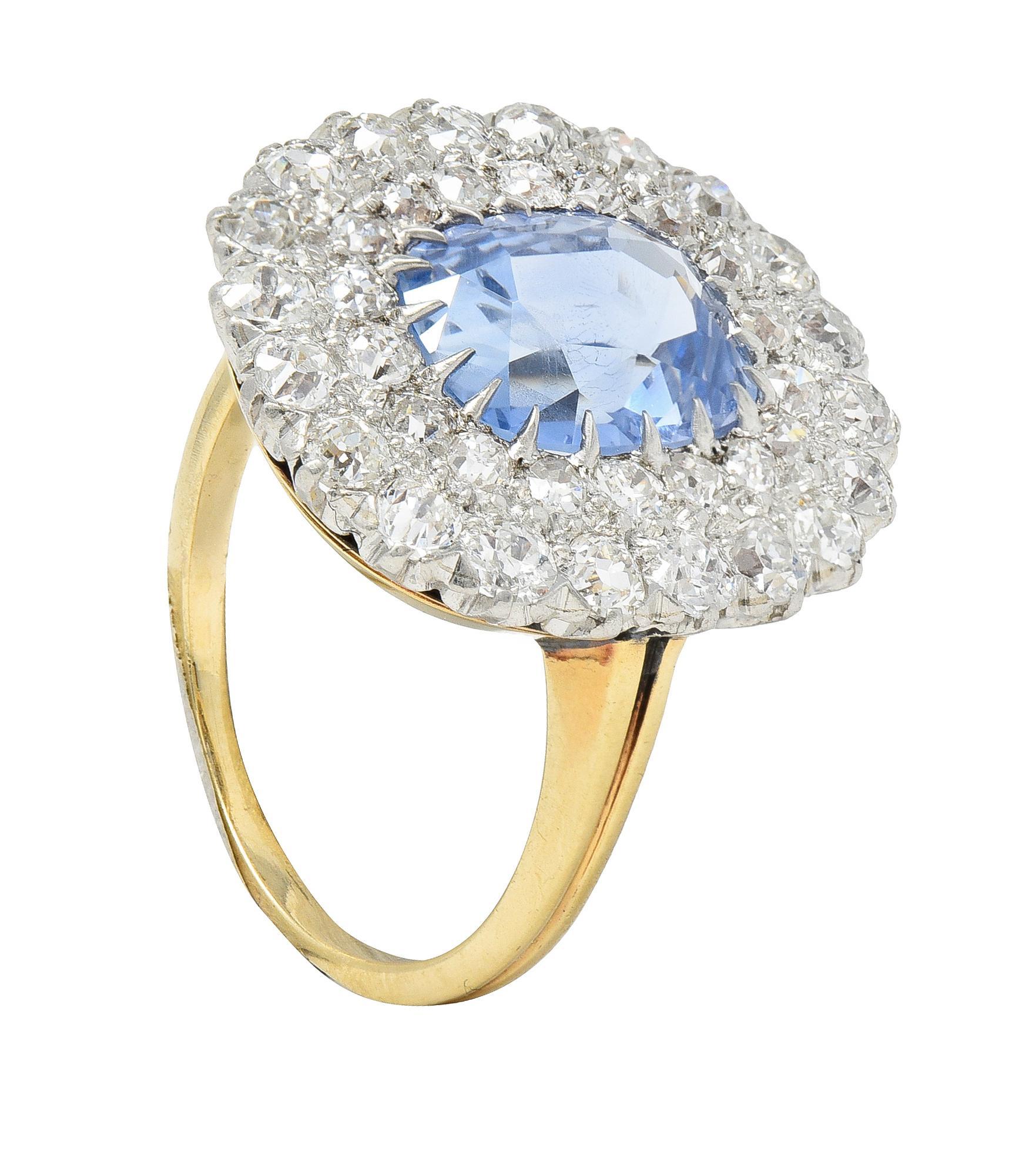 Edwardian 5.79 CTW No Heat Ceylon Sapphire Diamond Platinum 14 Karat Halo Ring For Sale 5