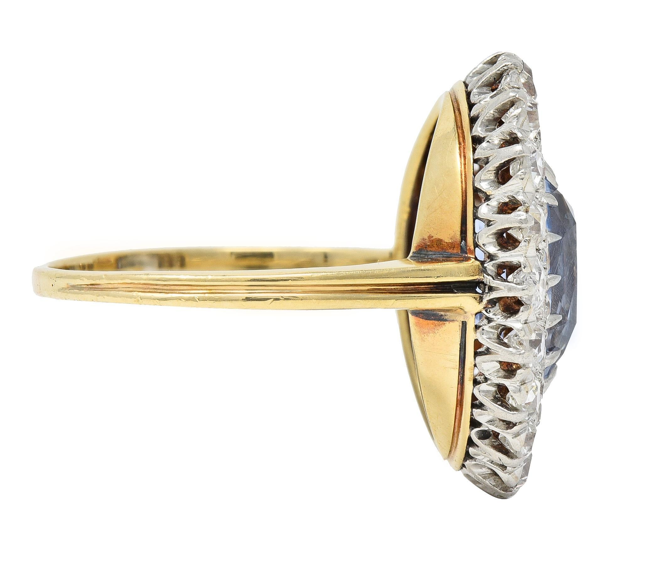 Cushion Cut Edwardian 5.79 CTW No Heat Ceylon Sapphire Diamond Platinum 14 Karat Halo Ring For Sale