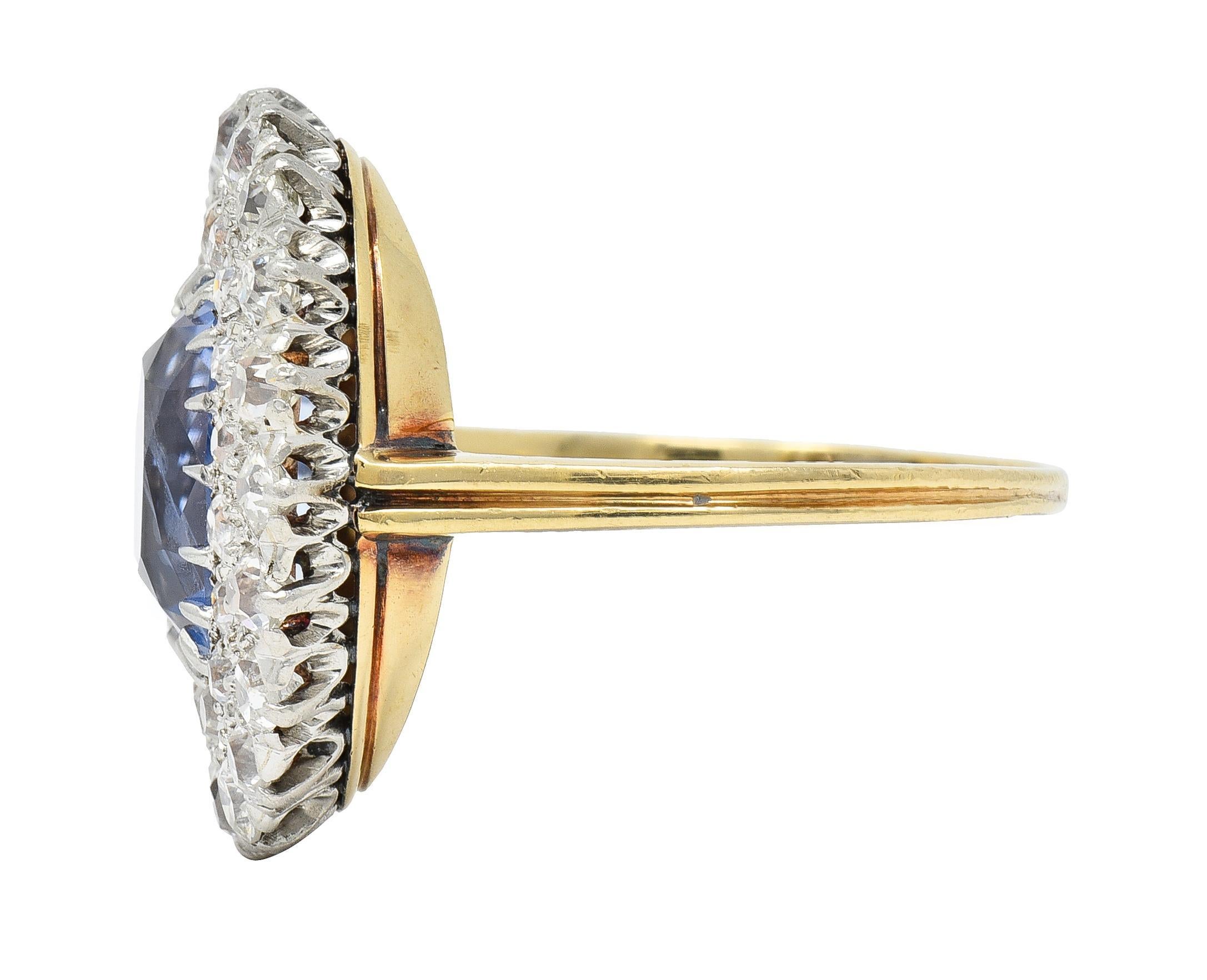 Bague de style édouardien 5.79 CTW No Heat Ceylon Sapphire Diamond Platinum 14 Karat Halo Ring Excellent état - En vente à Philadelphia, PA
