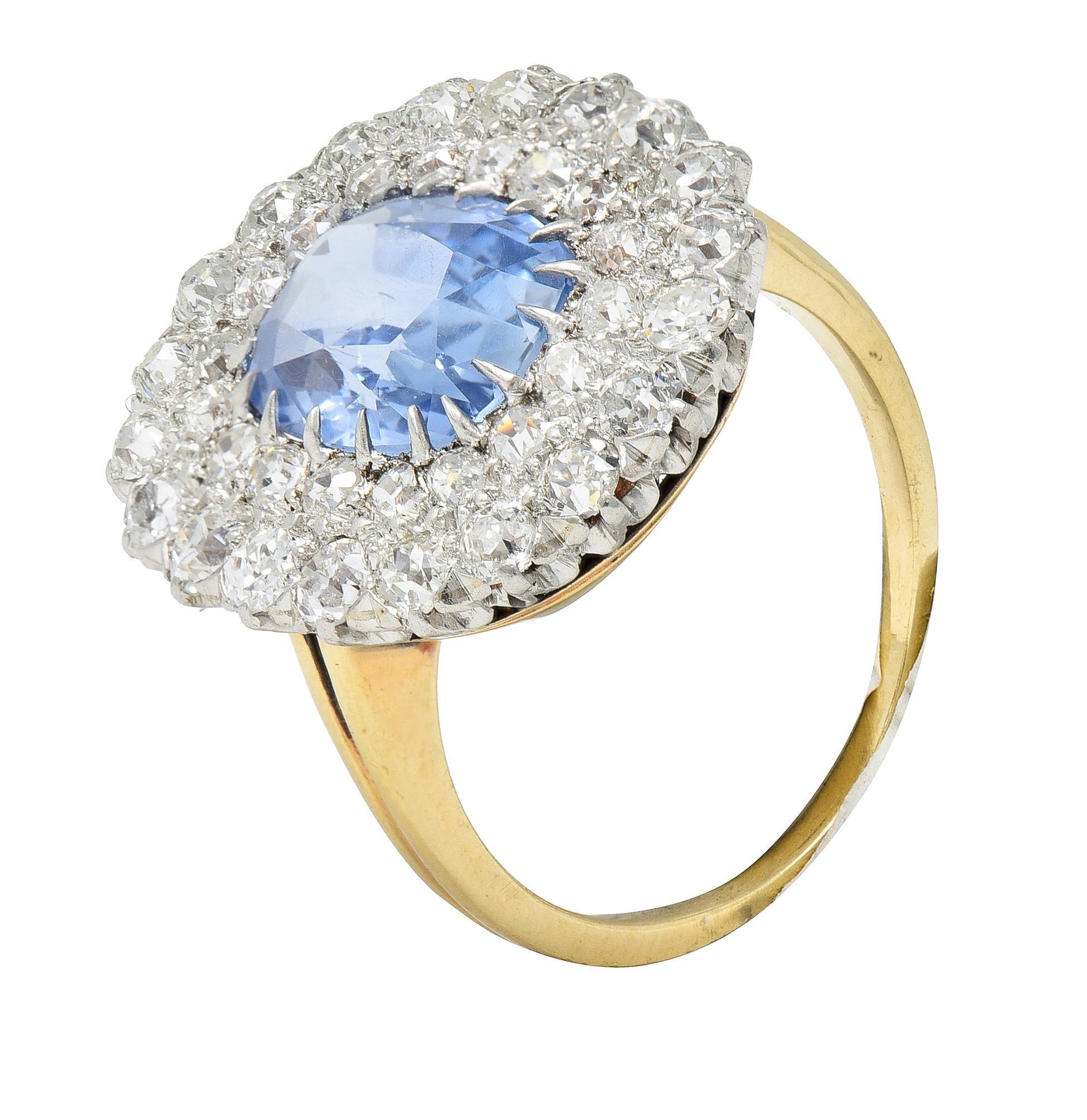 Edwardian 5.79 CTW No Heat Ceylon Sapphire Diamond Platinum 14 Karat Halo Ring For Sale 2