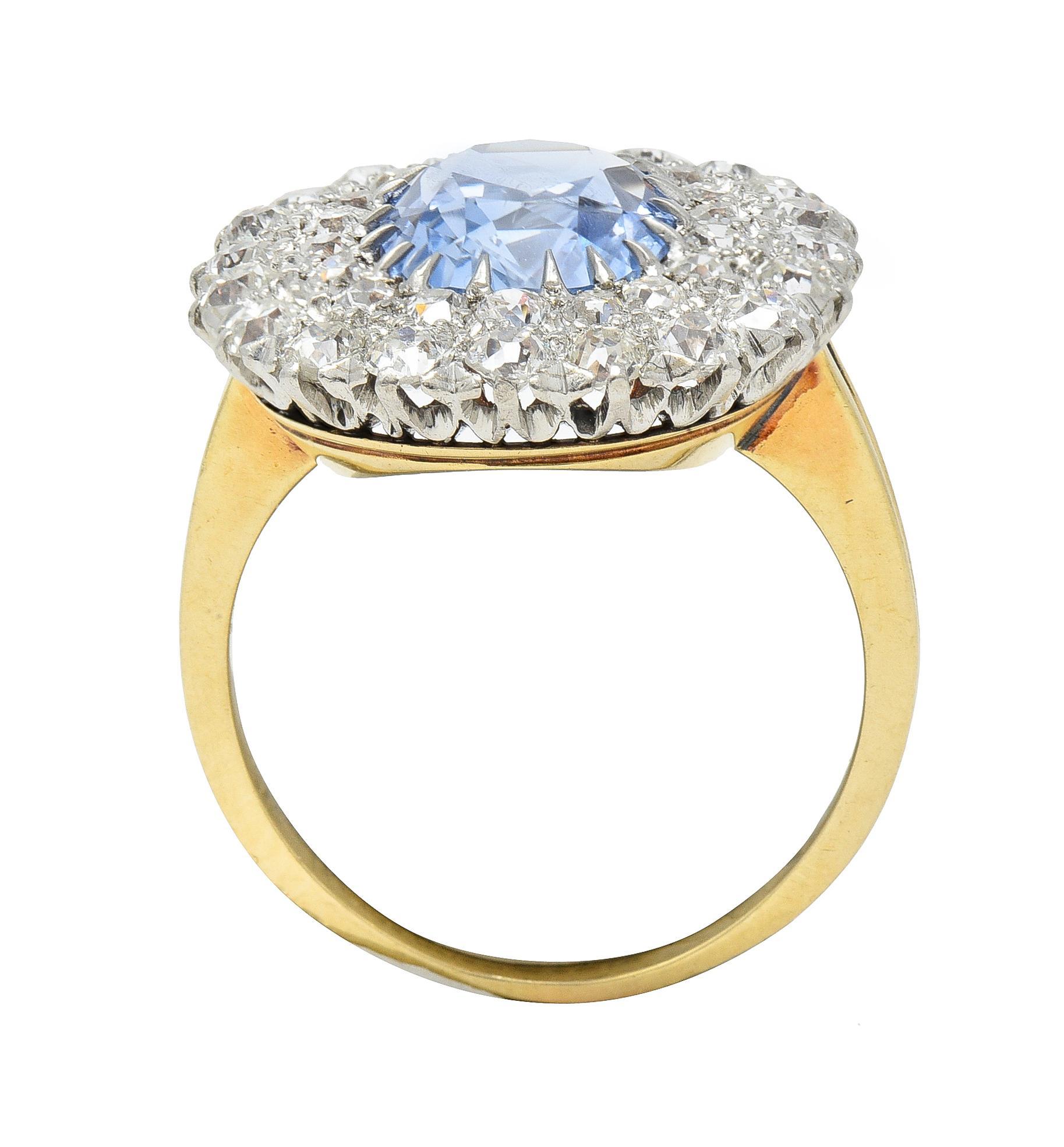 Edwardian 5.79 CTW No Heat Ceylon Sapphire Diamond Platinum 14 Karat Halo Ring For Sale 3
