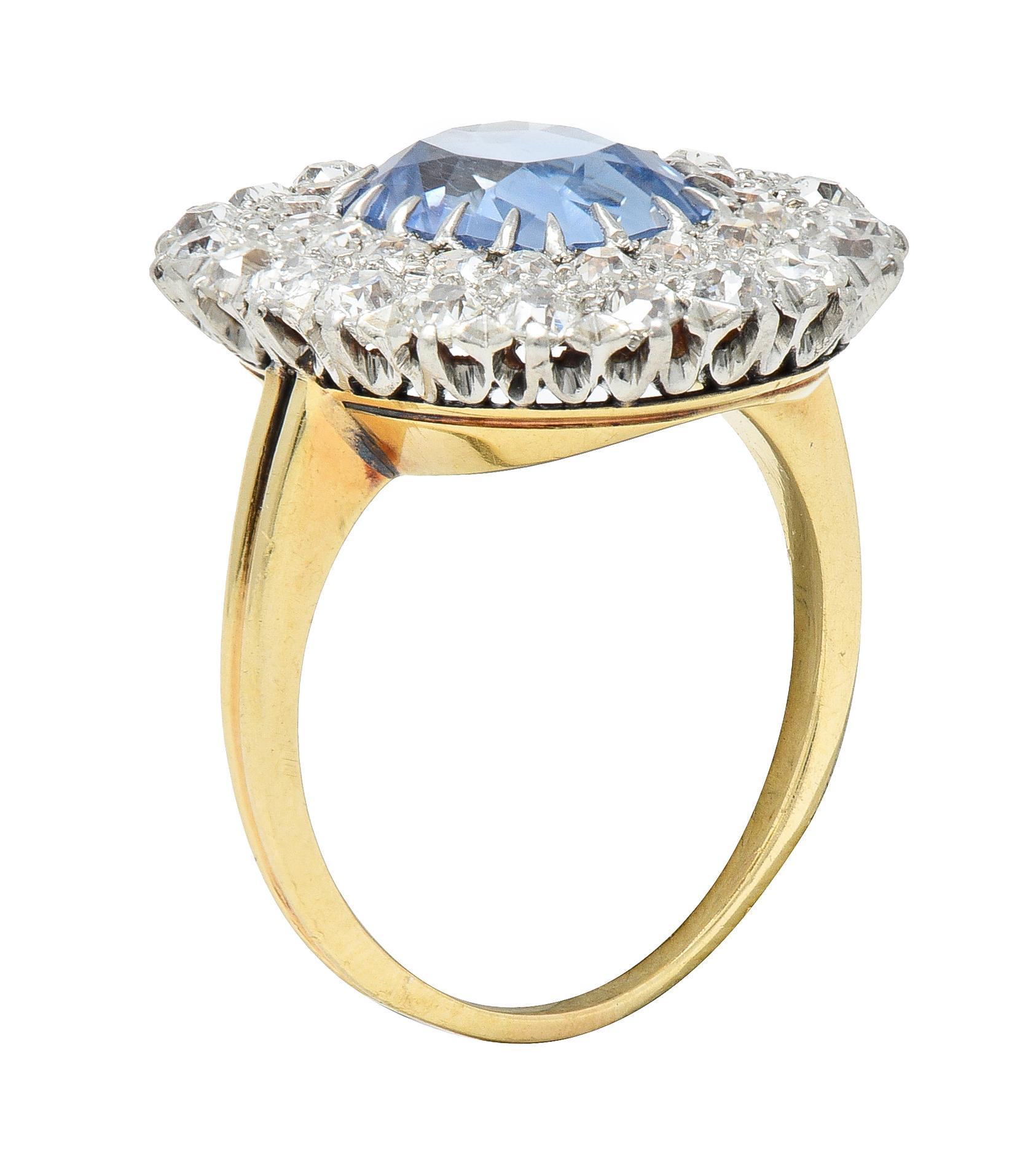 Edwardian 5.79 CTW No Heat Ceylon Sapphire Diamond Platinum 14 Karat Halo Ring For Sale 4
