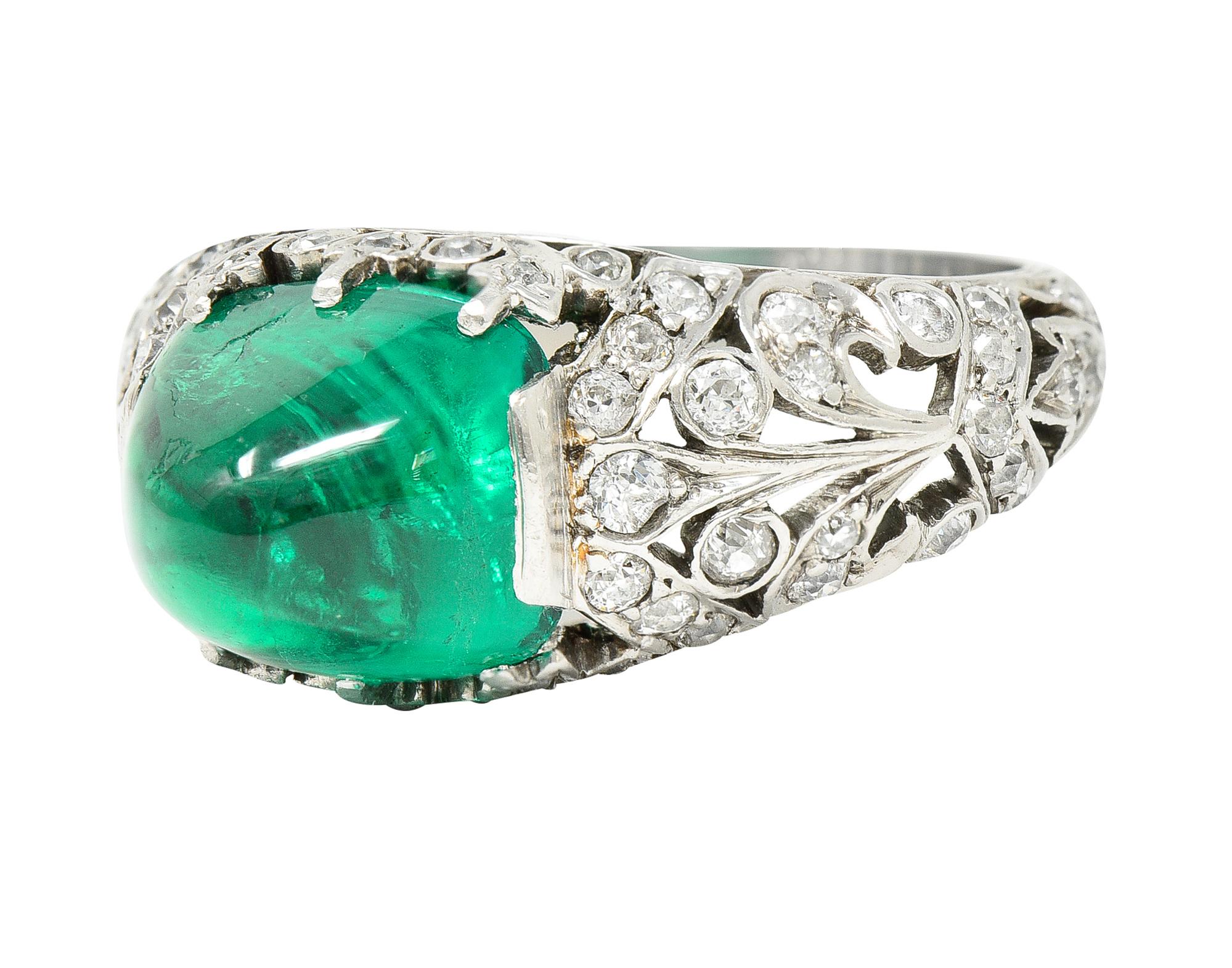 Edwardian 5.90 Carats Colombian Emerald Old European Cut Diamond Platinum Ring For Sale 1