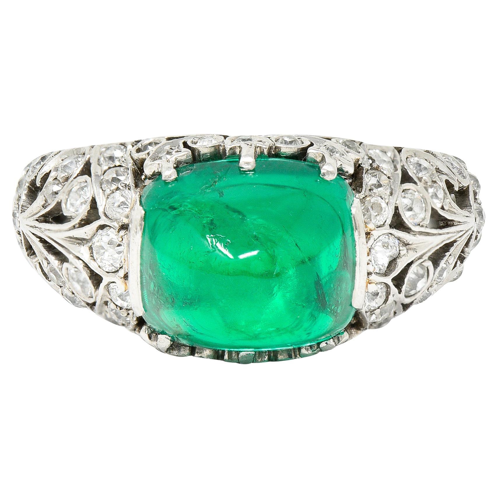 Edwardian 5.90 Carats Colombian Emerald Old European Cut Diamond Platinum Ring For Sale