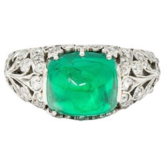 Edwardian 5.90 Carats Colombian Emerald Old European Cut Diamond Platinum Ring