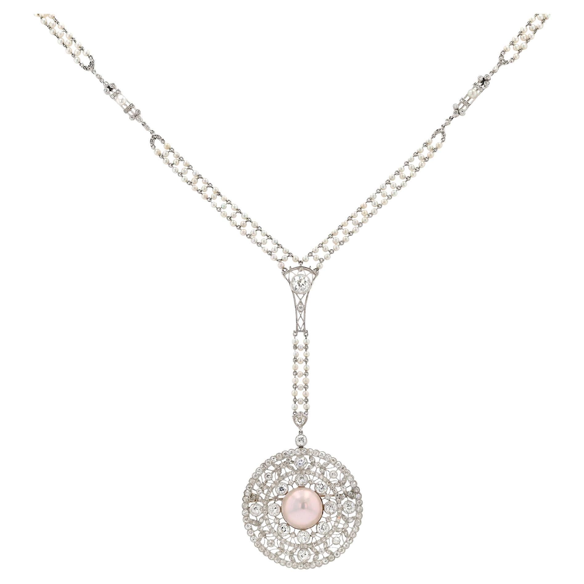 Edwardian 6 Carat Diamond 
Pearl Platinum Sautoir Conversion Necklace