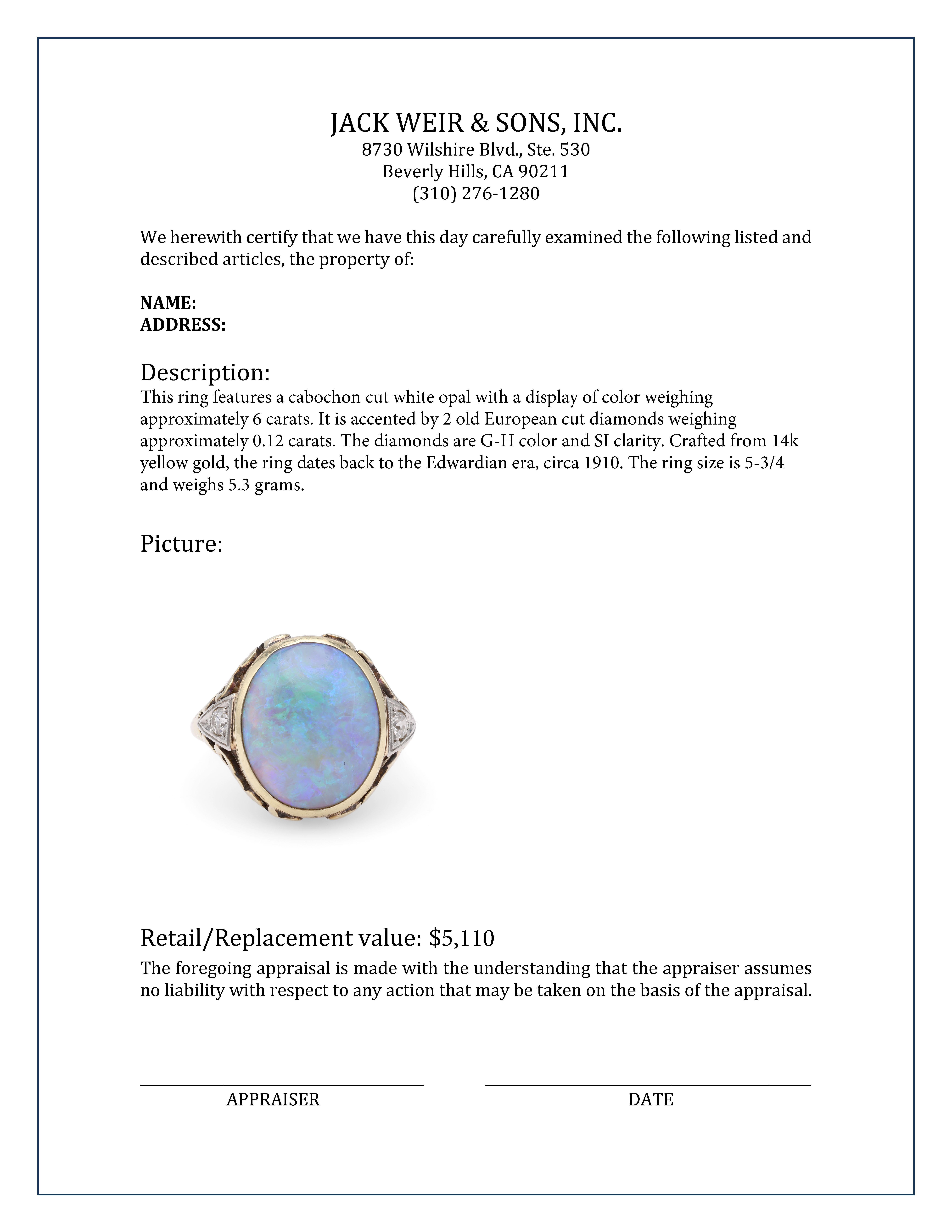 Women's or Men's Edwardian 6 Carat Opal Diamond Yellow Gold Ring For Sale