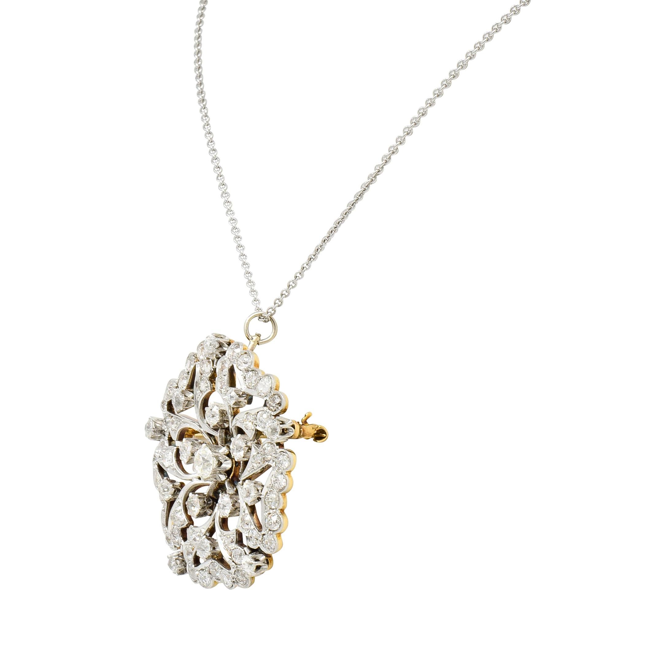 Mixed Cut Edwardian 6.00 Carat Diamond Platinum-Topped 14 Karat Gold Floral Pendant Brooch