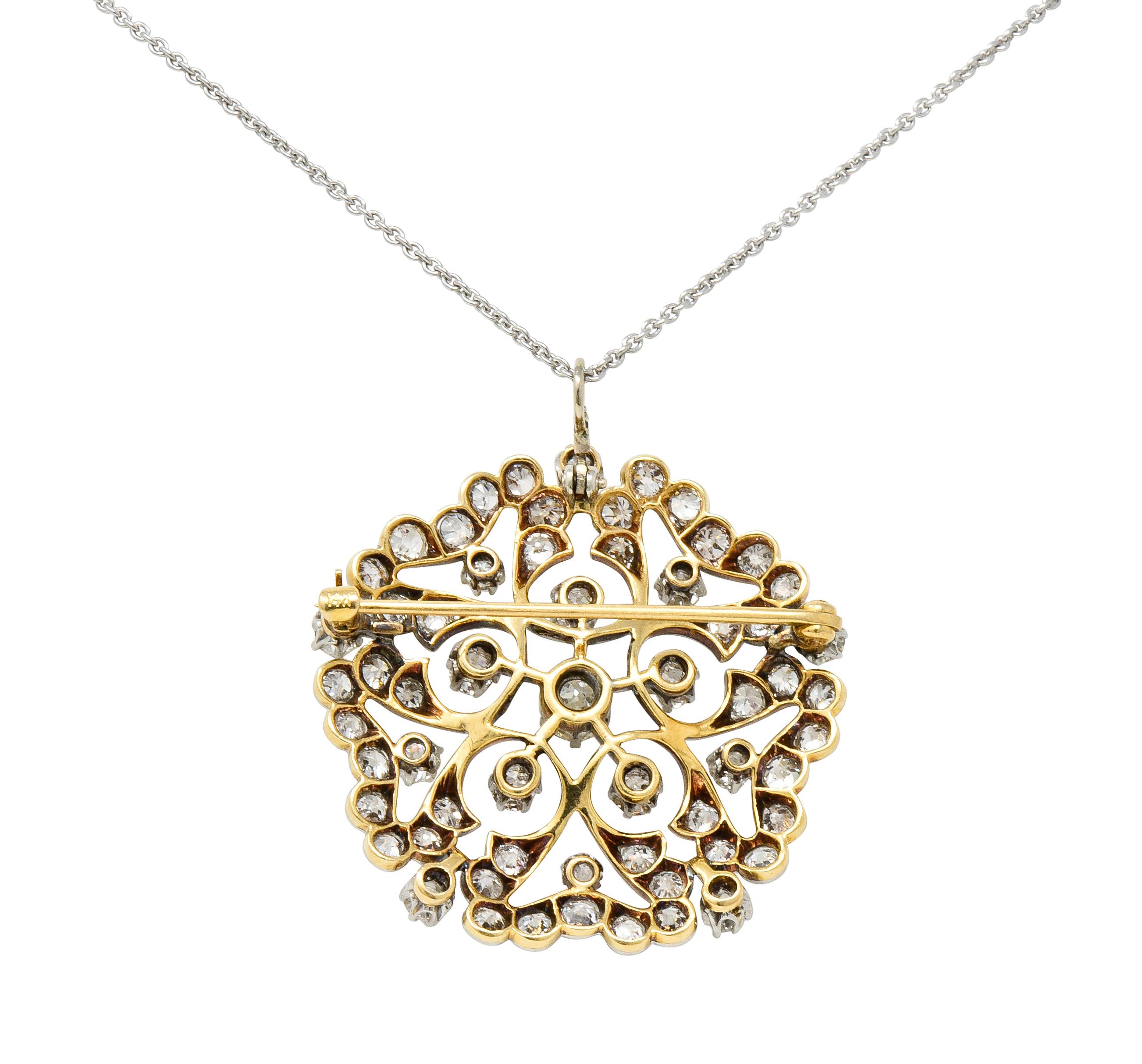 Edwardian 6.00 Carat Diamond Platinum-Topped 14 Karat Gold Floral Pendant Brooch 3