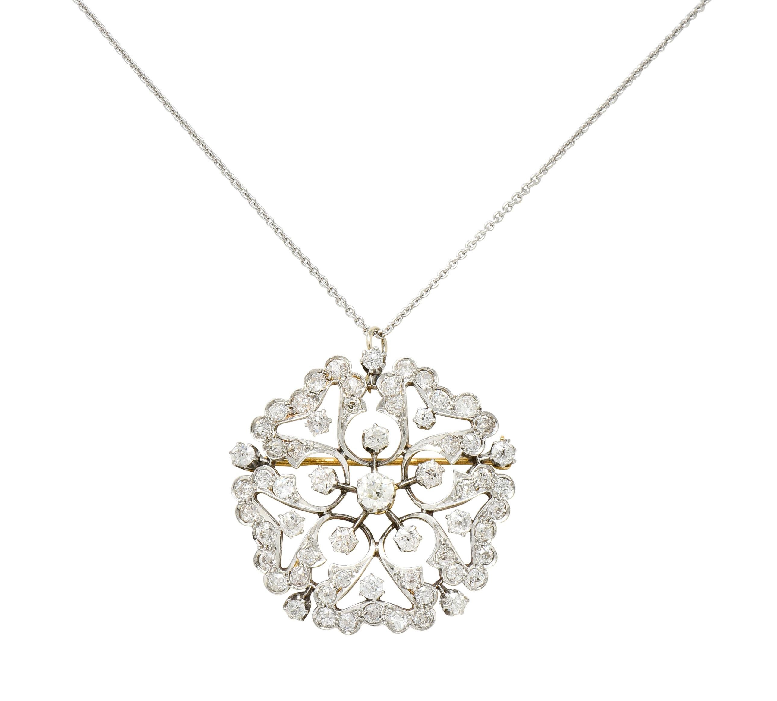 Edwardian 6.00 Carat Diamond Platinum-Topped 14 Karat Gold Floral Pendant Brooch 4