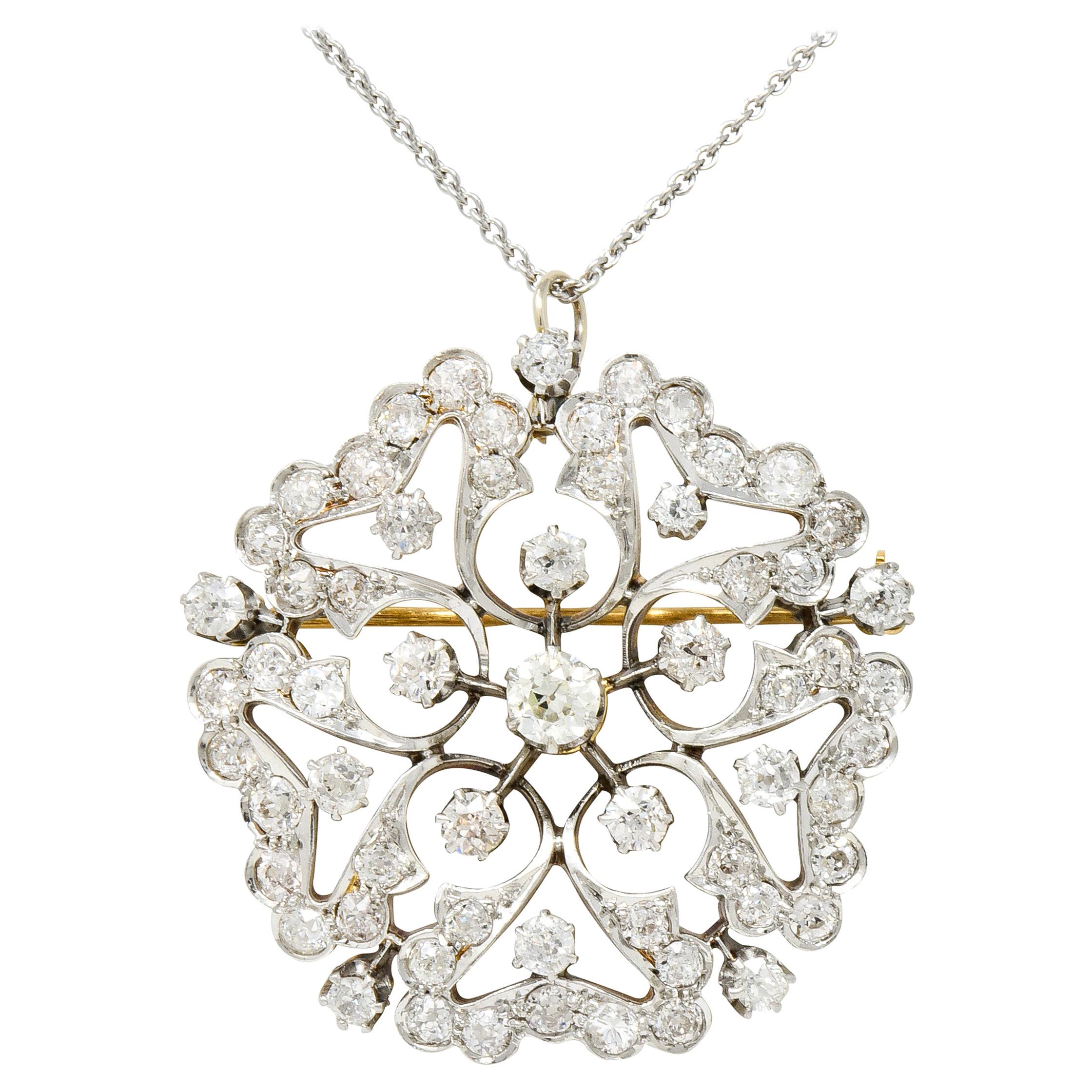 Edwardian 6.00 Carat Diamond Platinum-Topped 14 Karat Gold Floral Pendant Brooch