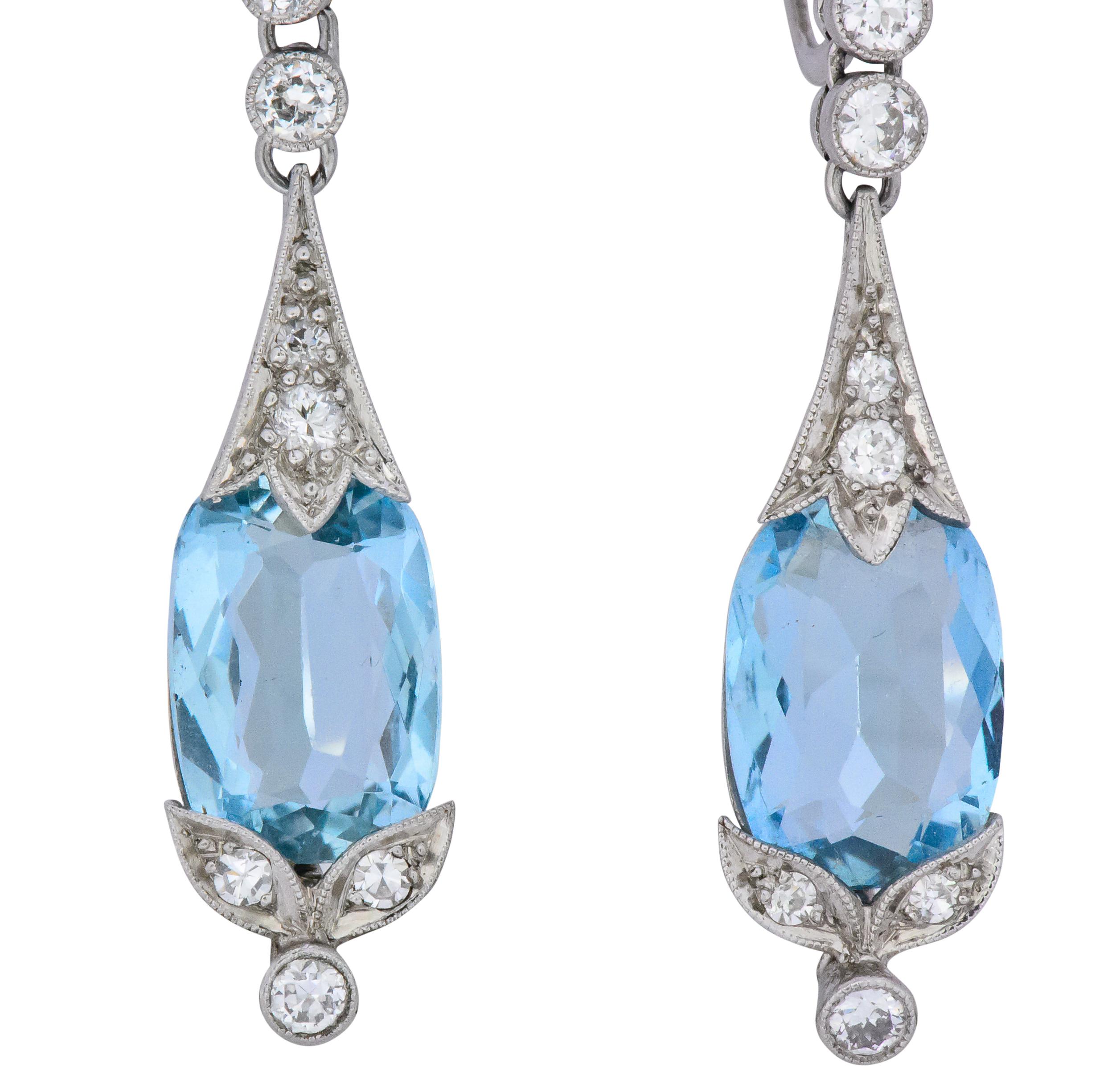 Edwardian 6.00 Carat Aquamarine Diamond Platinum Screw Back Drop Earrings In Excellent Condition In Philadelphia, PA