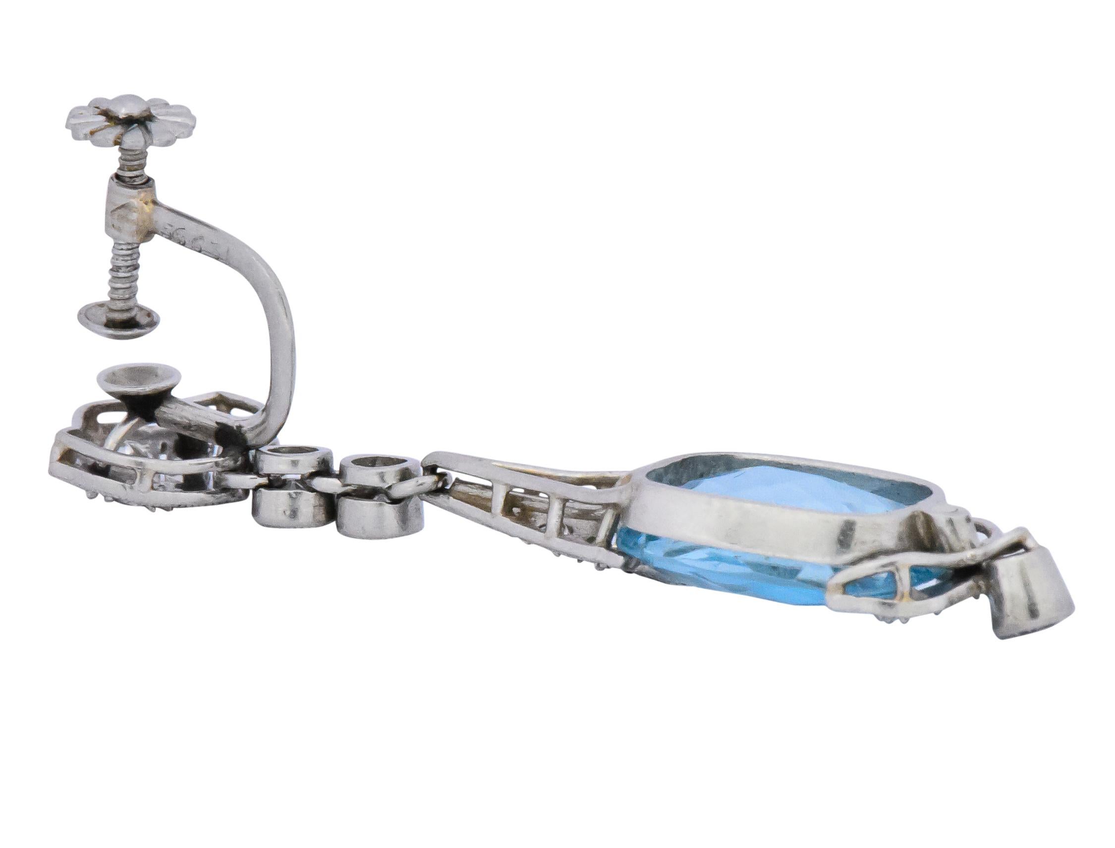 Women's or Men's Edwardian 6.00 Carat Aquamarine Diamond Platinum Screw Back Drop Earrings