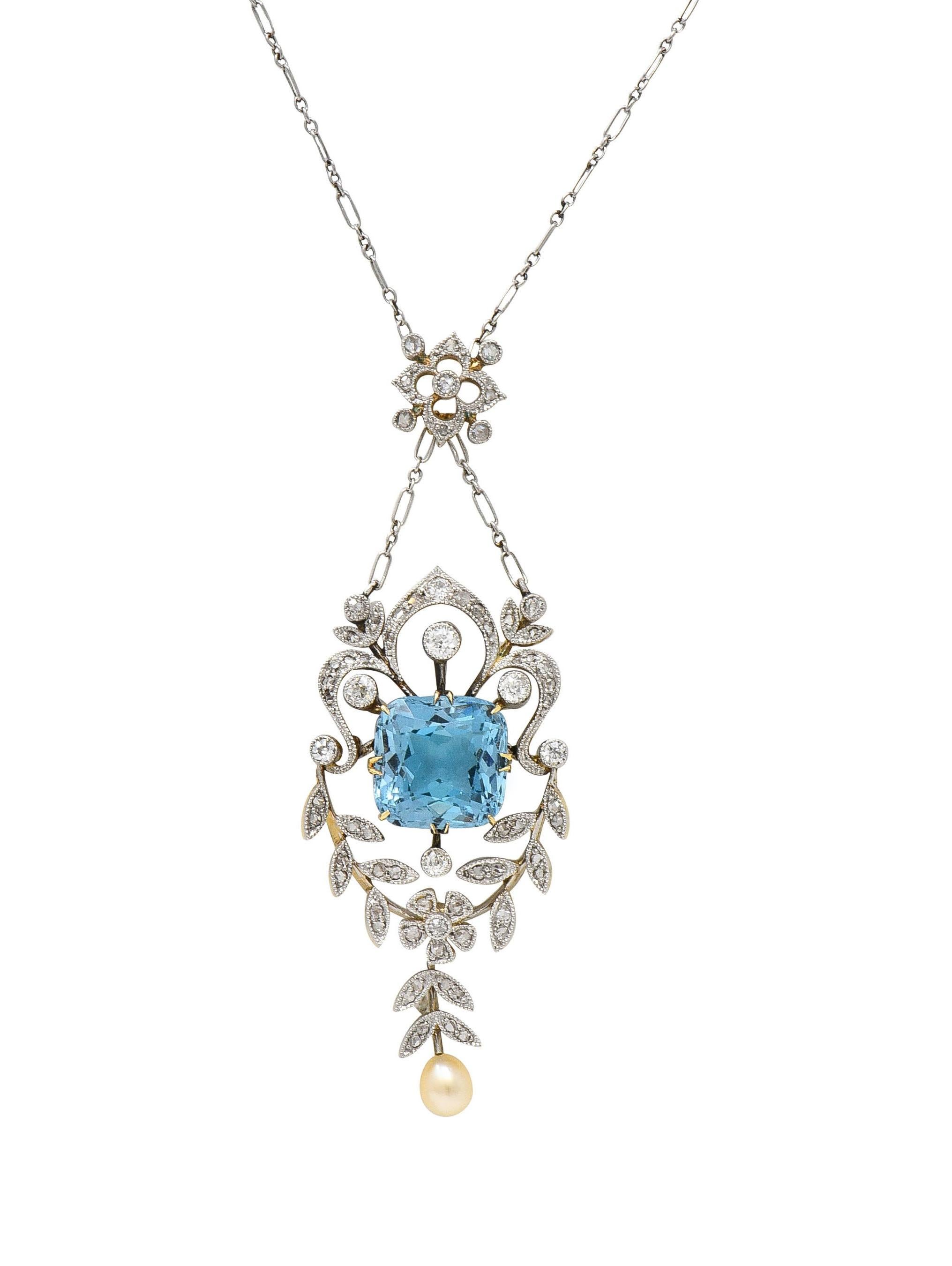 Collier Edwardian 6.00 CTW Aquamarine Diamond Pearl Platinum 18K Gold Antique Necklace en vente 5