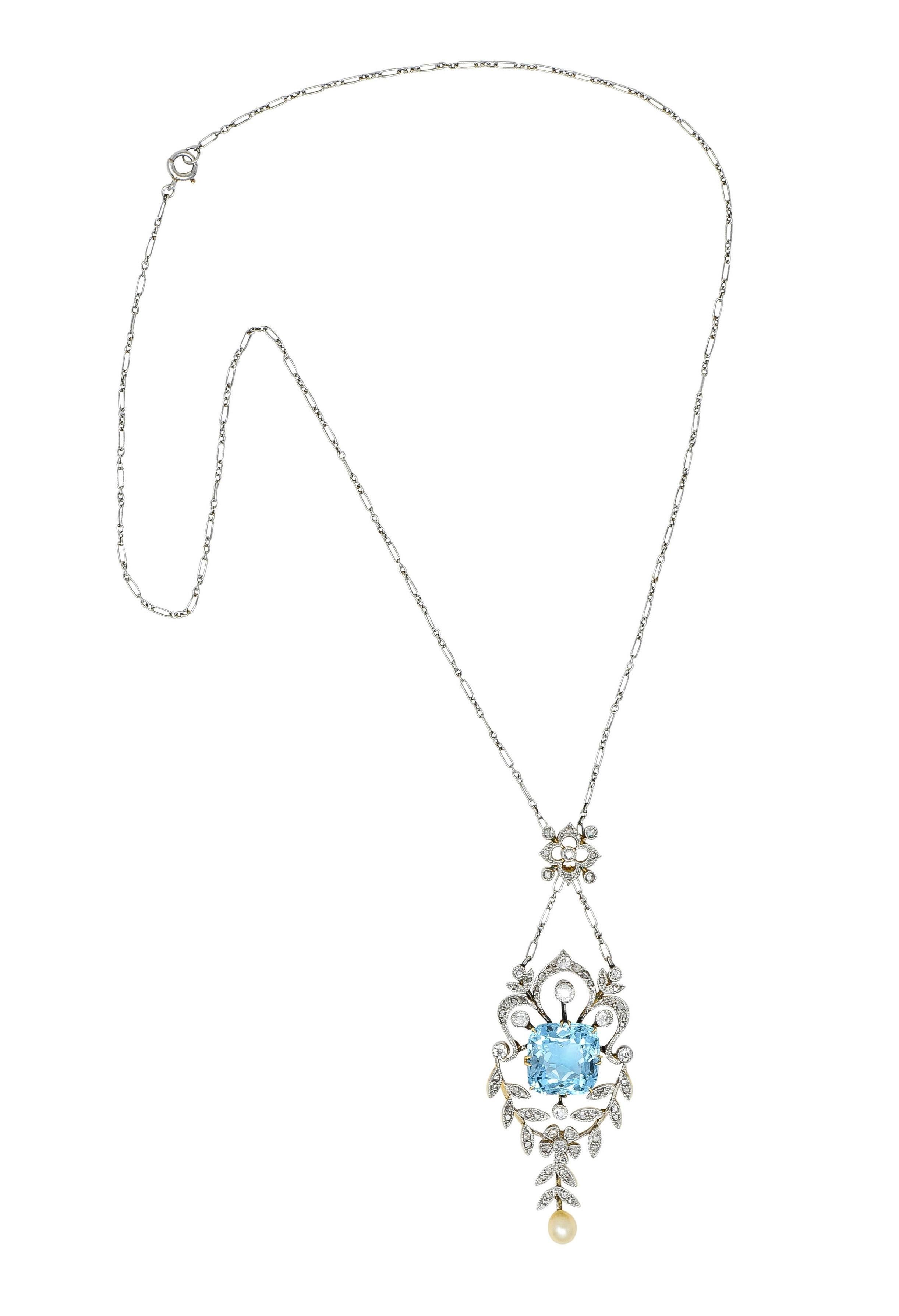 Édouardien Collier Edwardian 6.00 CTW Aquamarine Diamond Pearl Platinum 18K Gold Antique Necklace en vente