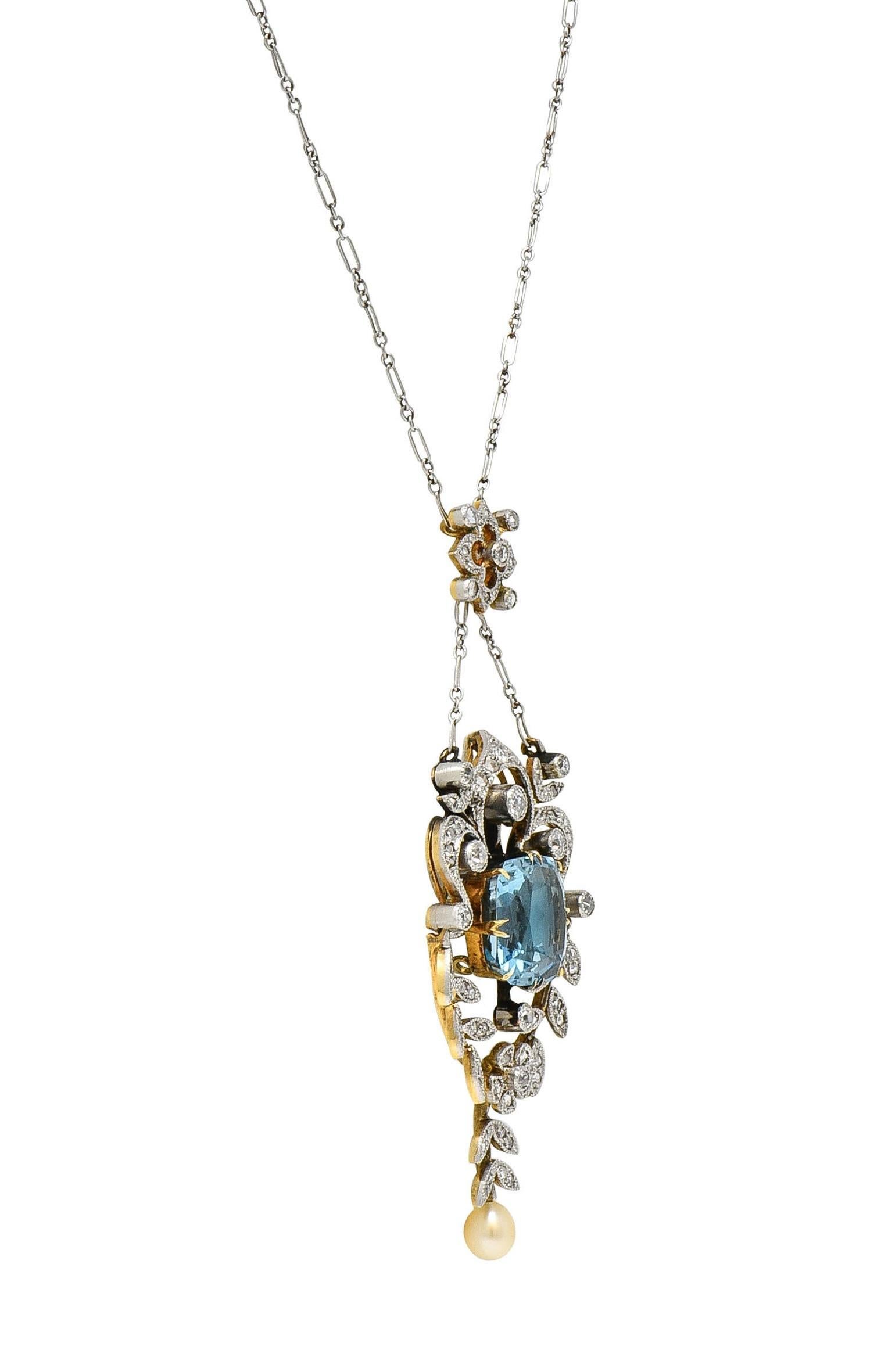 Collier Edwardian 6.00 CTW Aquamarine Diamond Pearl Platinum 18K Gold Antique Necklace Pour femmes en vente
