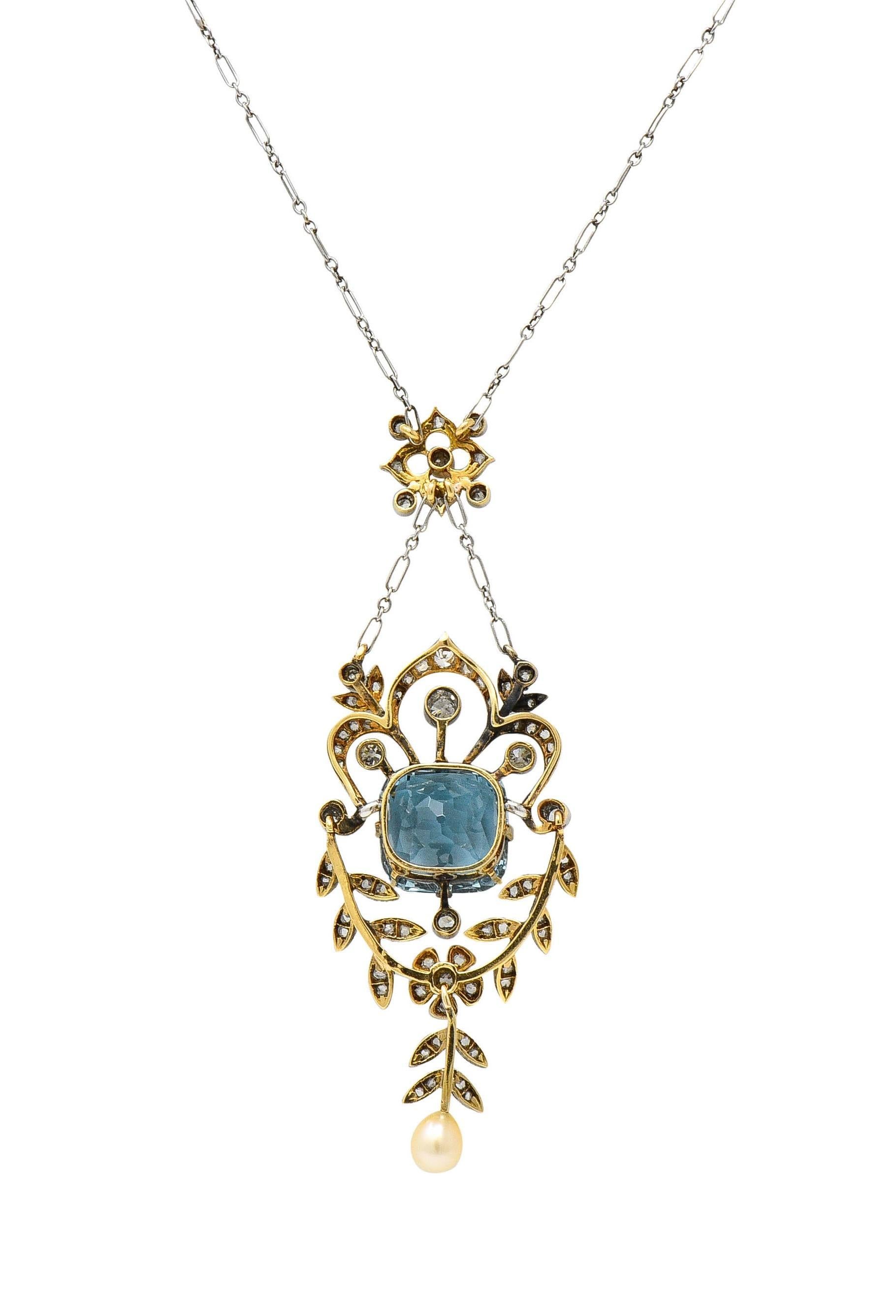 Collier Edwardian 6.00 CTW Aquamarine Diamond Pearl Platinum 18K Gold Antique Necklace en vente 2