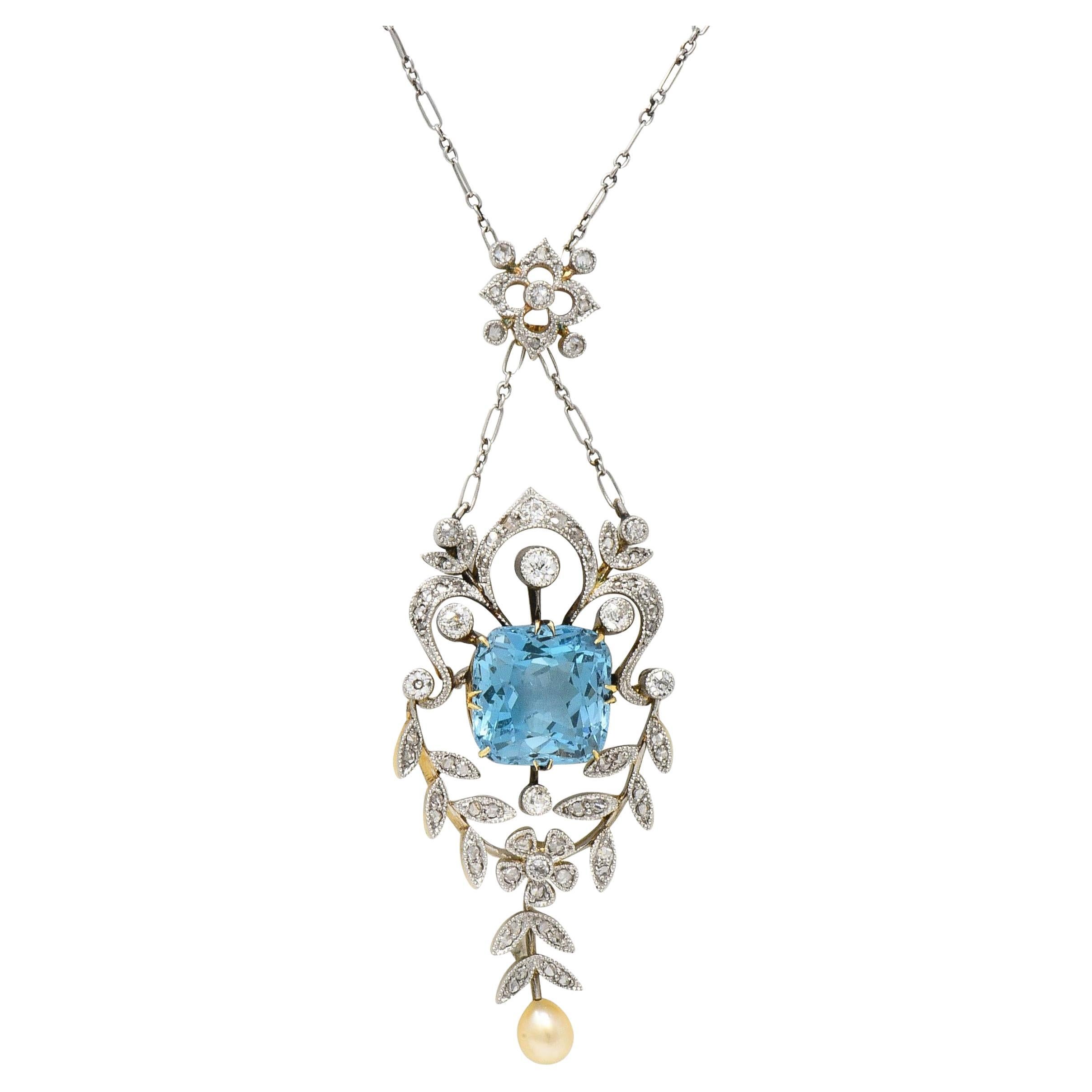 Edwardian 6.00 CTW Aquamarine Diamond Pearl Platinum 18K Gold Antique Necklace