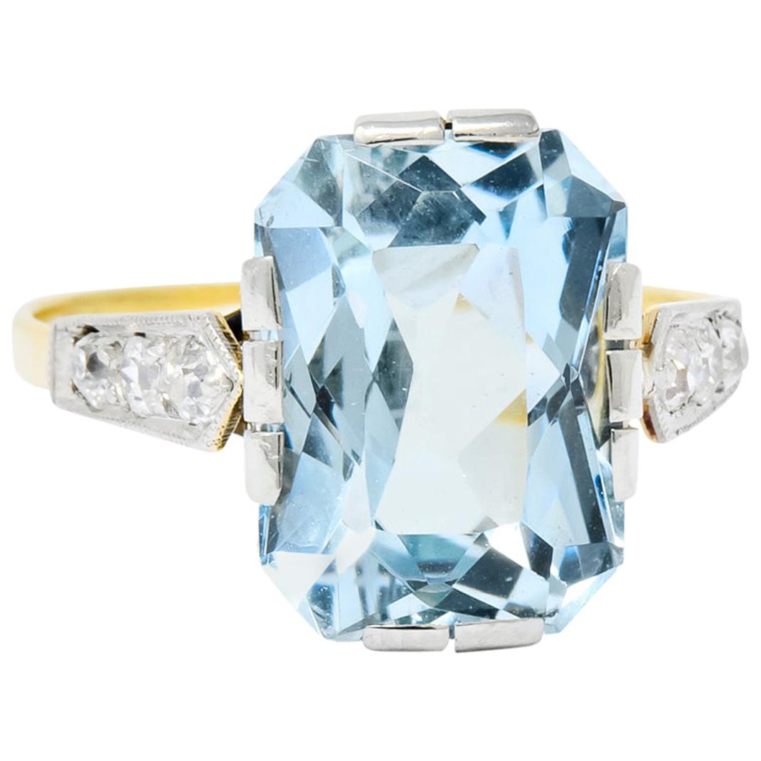 Edwardian 6.25 Carat Aquamarine Diamond Platinum-Topped 18 Karat Gold Ring