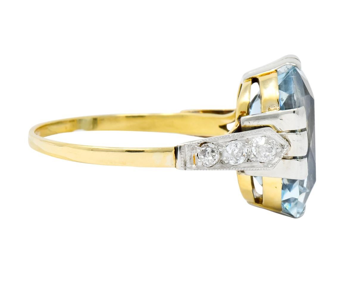 Cushion Cut Edwardian 6.25 Carat Aquamarine Diamond Platinum-Topped 18 Karat Gold Ring