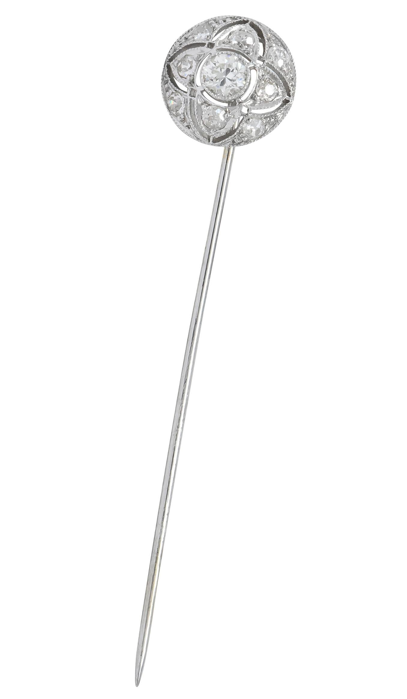 Women's or Men's Edwardian .64 Carat Old European Diamond Palladium Quatrefoil Stickpin