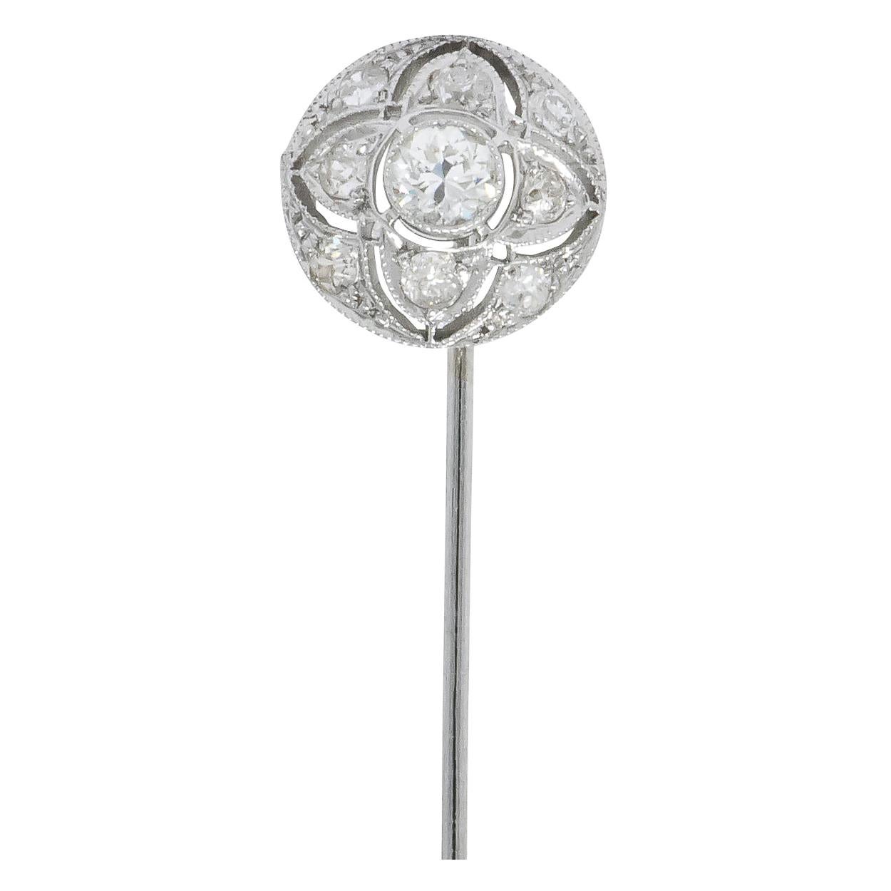 Edwardian .64 Carat Old European Diamond Palladium Quatrefoil Stickpin