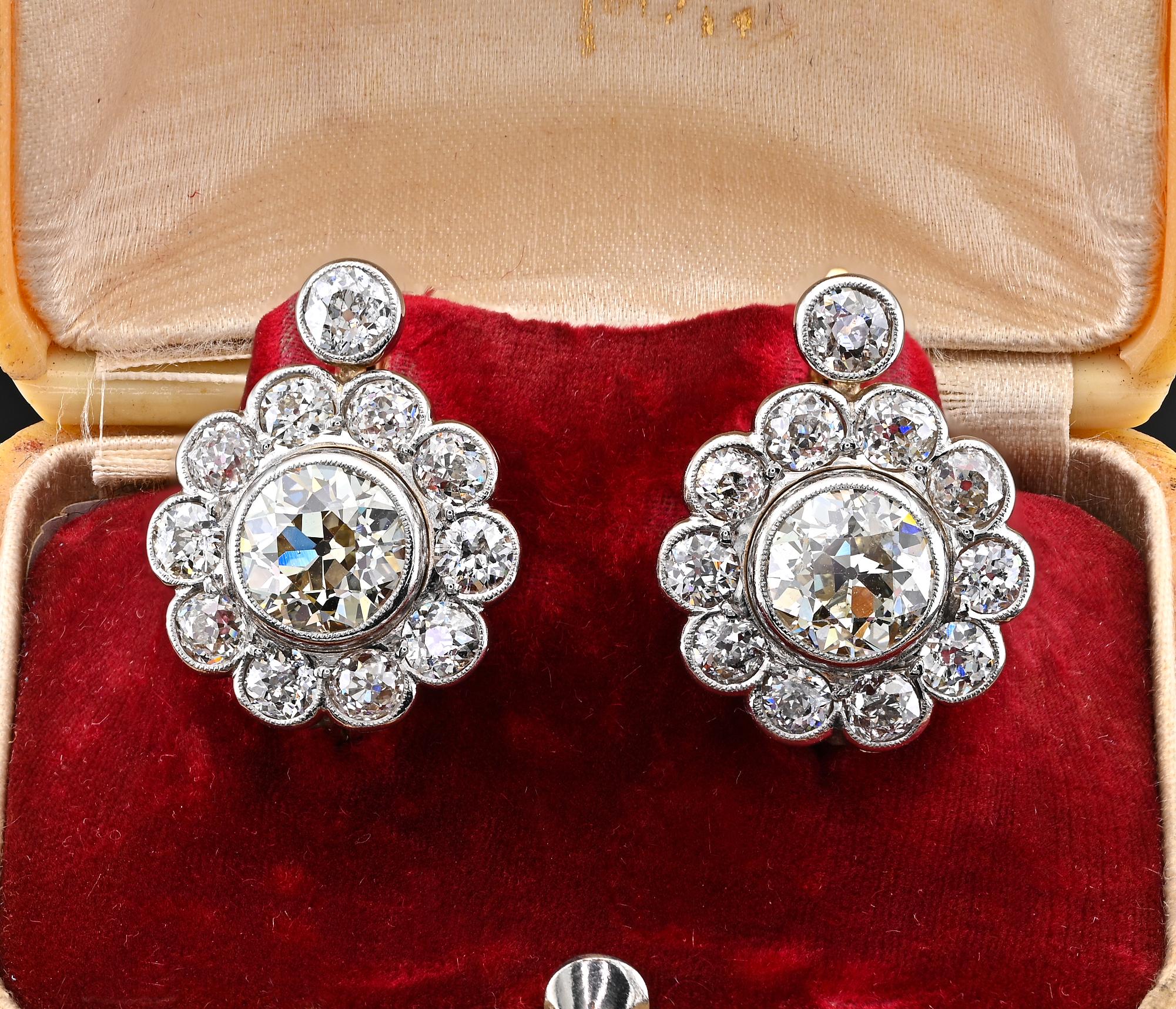 Old European Cut Edwardian 6.40 Ct Diamond 18 KT Daisy Earrings For Sale