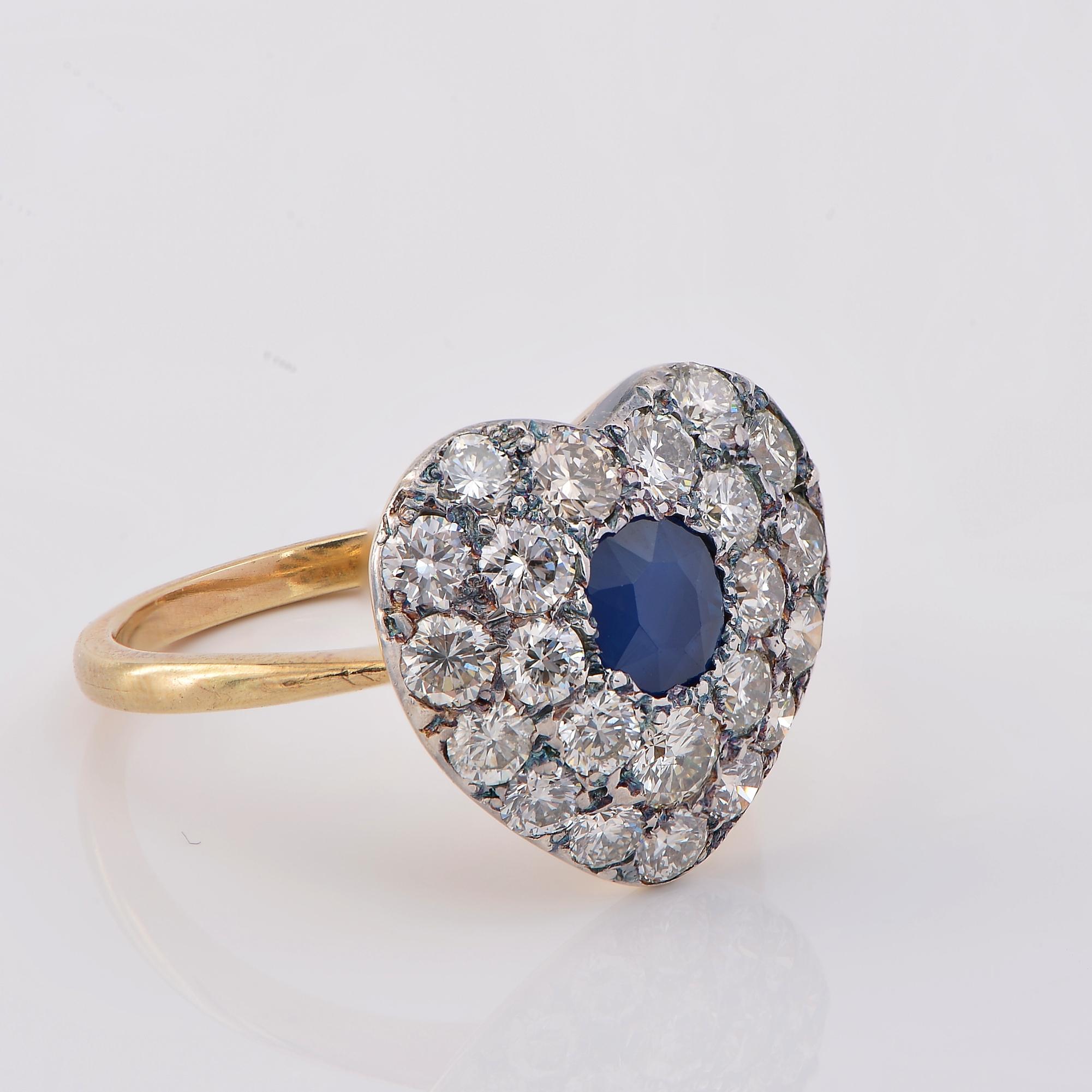 Women's Edwardian .65 Ct Natural Sapphire 1.70 Ct. Diamond Heart Ring For Sale