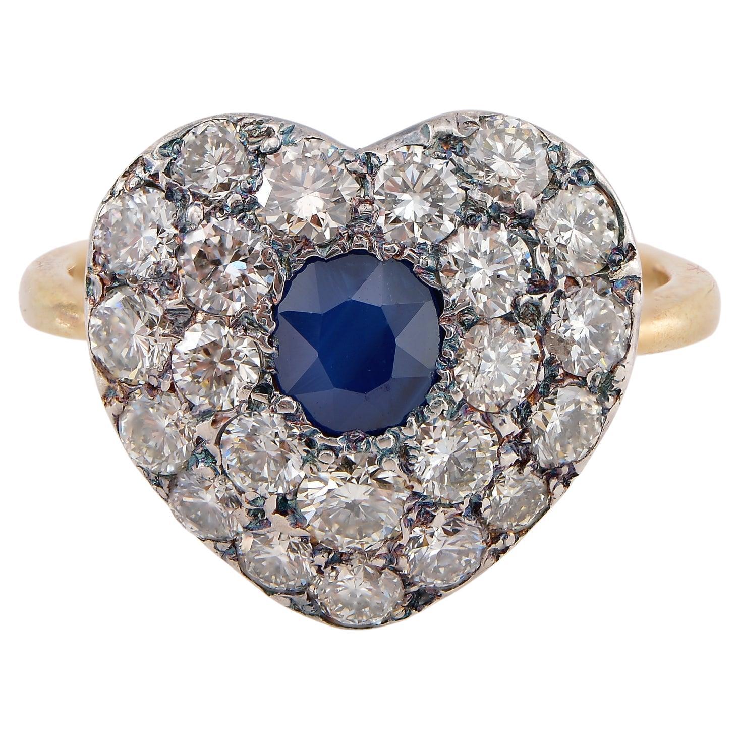 Edwardian .65 Ct Natural Sapphire 1.70 Ct. Diamond Heart Ring For Sale