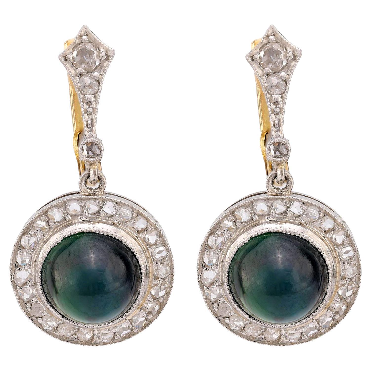Edwardian 7 carat cabochon cut sapphire diamond platinum drop earrings